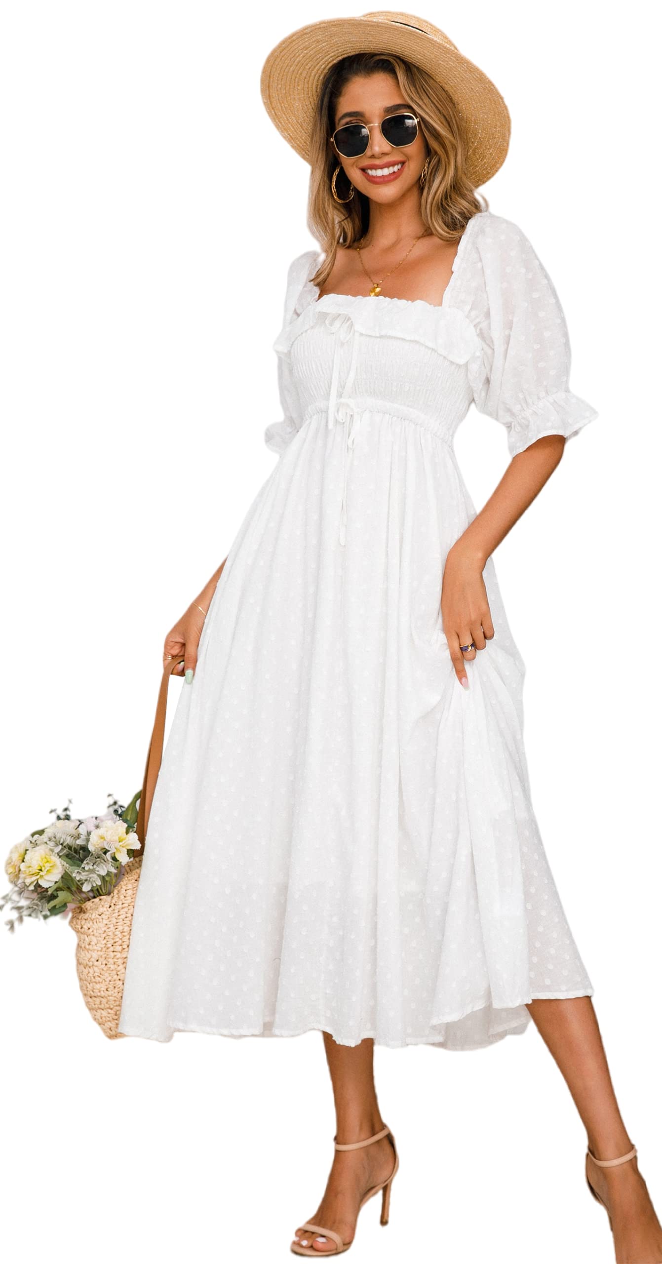 R.Vivimos Women's Vintage Ruffled Backless A-Line Summer Dress - Elegant Half Sleeve Cotton Flowy Long Dress for Beach, Wedding & Special Occasions