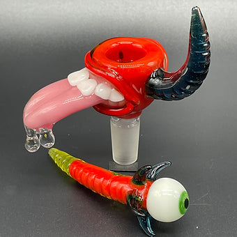 14mm Red Blacklight Reactive Glass Slide Set with Tongue & Horn - Perfect for UV Parties, Raves & Unique Smoking Accessories