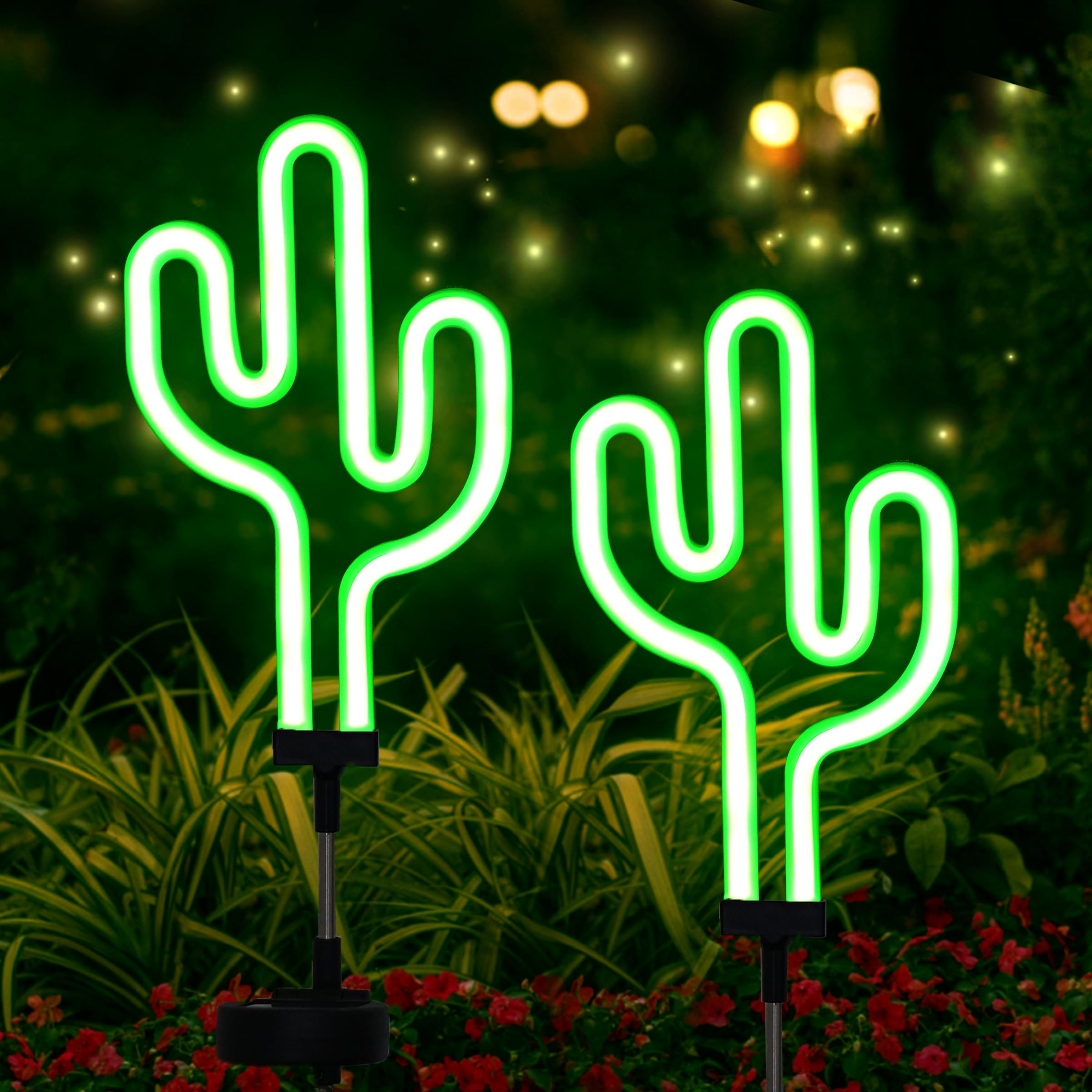 SunKite Solar Garden Lights - Waterproof Cactus Solar Stake Lights for Outdoor Decor, Yard, Lawn, Pathway, Patio & Backyard (2 Pack) - Perfect for Landscape Lighting & Nighttime Ambience