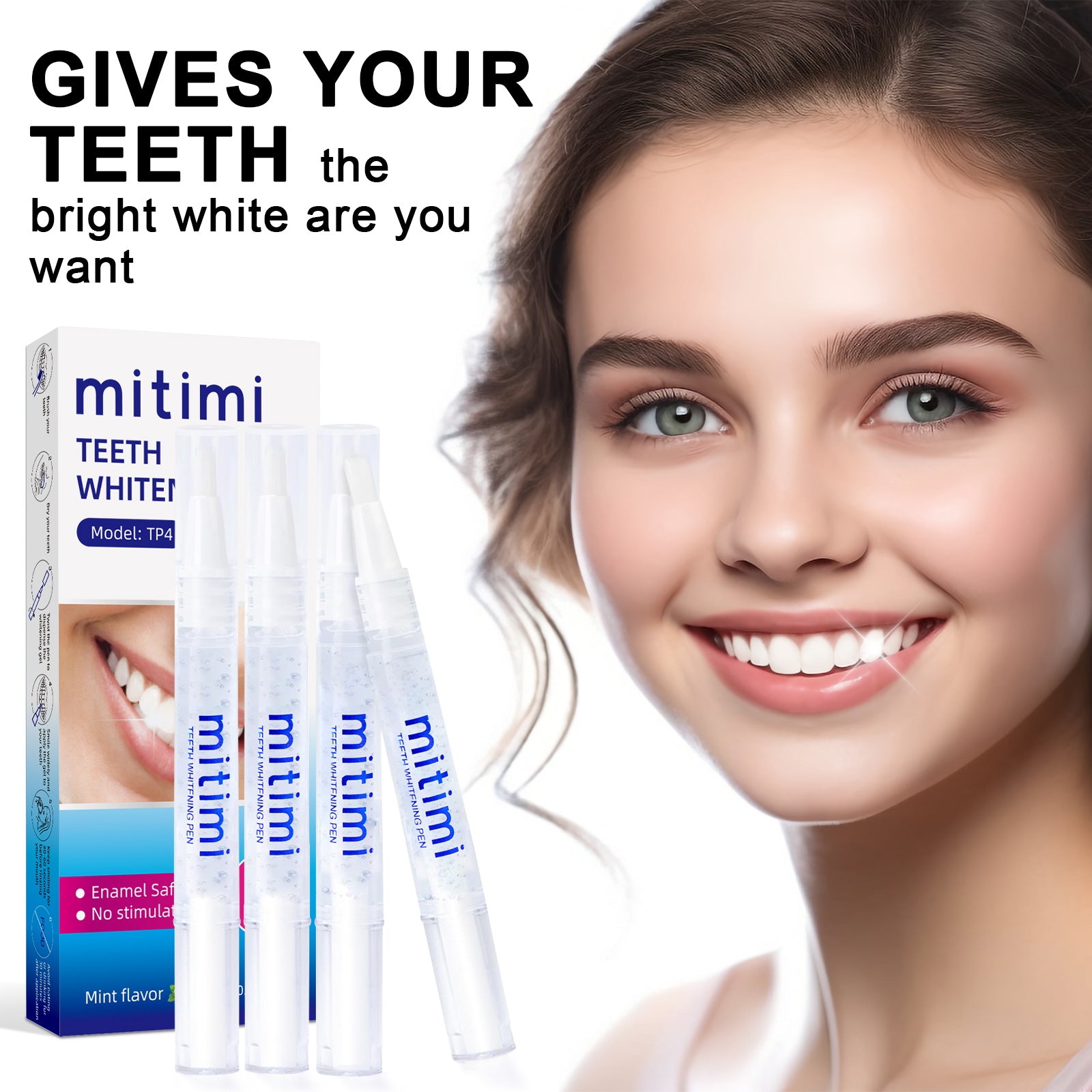 Mitimi Teeth Whitening Pens (4 Pack) - Painless, No Sensitivity, Travel Friendly, Mint Flavor - Brighten Smile for Travel, Work & Special Occasions