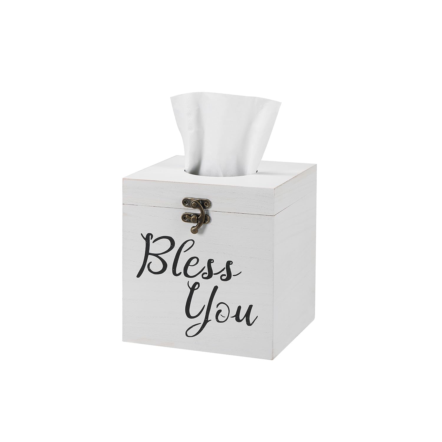 Bless You Rustic White Wooden Tissue Box Cover - Farmhouse Style Square Toilet Paper Holder or Napkin Dispenser for Bathroom, Living Room & Dining Table (White, 1 Count) - Perfect for Home Decor & Gift Giving