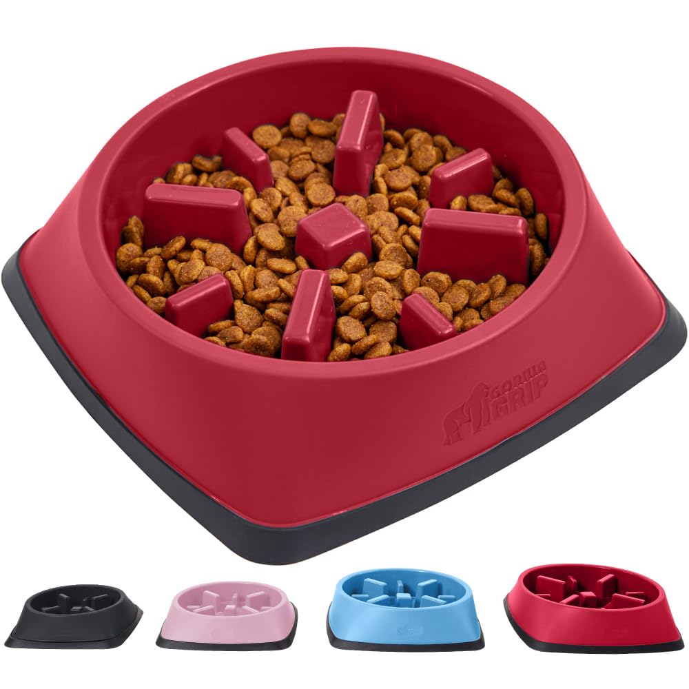 GORILLA GRIP Slow Feeder Dog Bowl - Interactive Puzzle Toy for Dogs & Cats - Prevents Overeating & Keeps Pets Busy - BPA Free Pet Food Training Dish - 1 Cup Capacity - Red - Perfect for Meal Time & Mental Stimulation