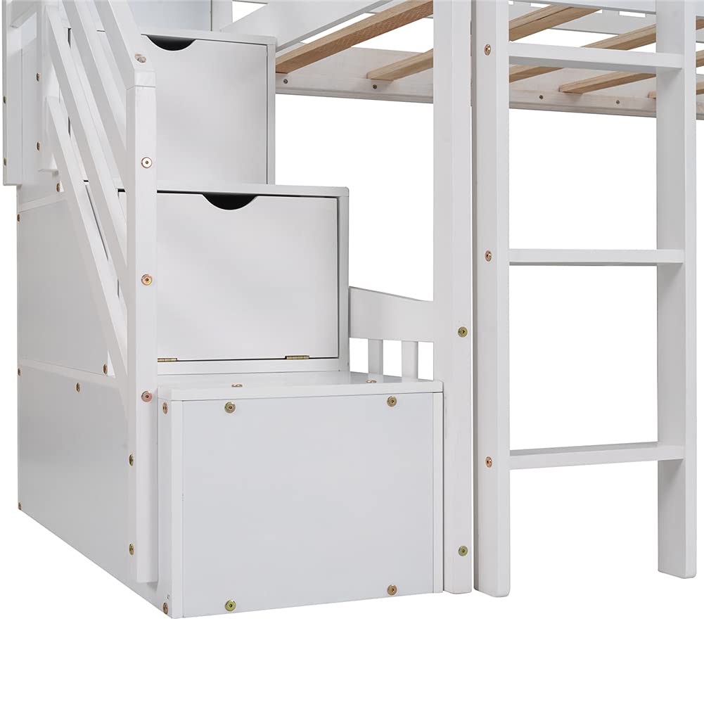 Twin Loft Bed with Staircase Storage Steps & Slide - Pinewood House-Shaped Bed Frame with Ladder & Guardrails - White Kids Bedroom Furniture for Small Spaces & Playrooms