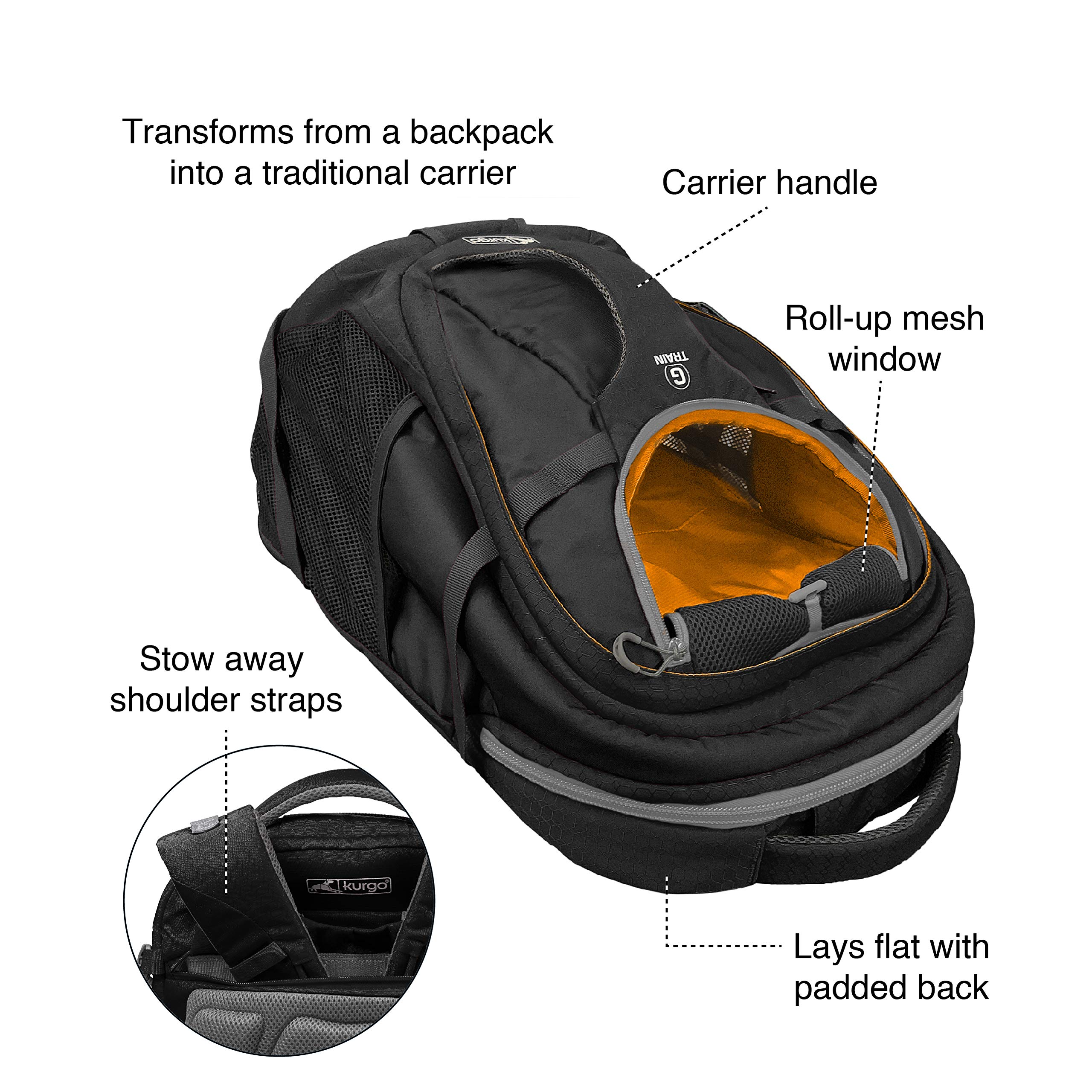 Kurgo G-Train Dog Carrier Backpack for Small Pets - Hiking, Camping & Travel Pet Carrier with Chest Straps & Hip Belt - Reflective, Waterproof Bottom & 2 Water Bottle Sleeves (Black) - Perfect for Outdoor Adventures, Air Travel & Daily Commutes