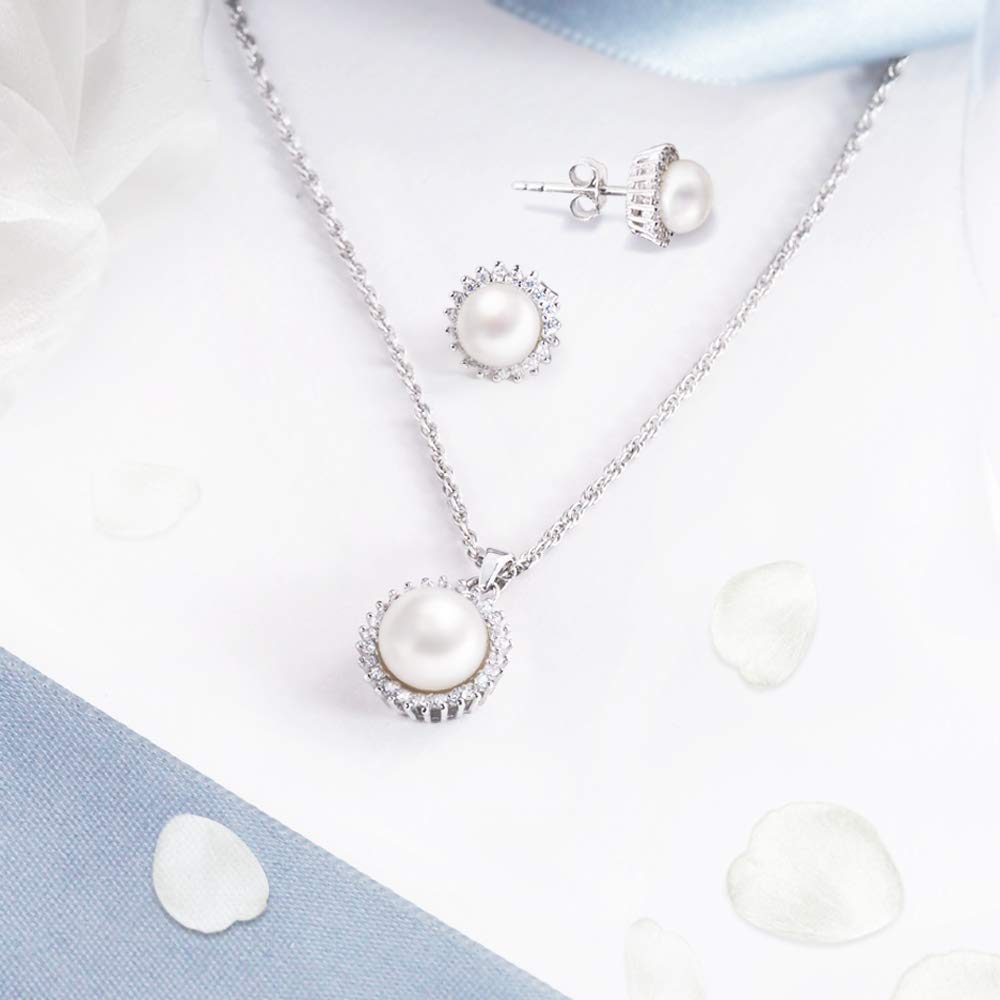 6.1 Carat Sterling Silver Freshwater Pearl & Cubic Zirconia Stud Earrings and Pendant Necklace Set for Women - Elegant Jewelry Gift for Weddings, Parties & Special Occasions