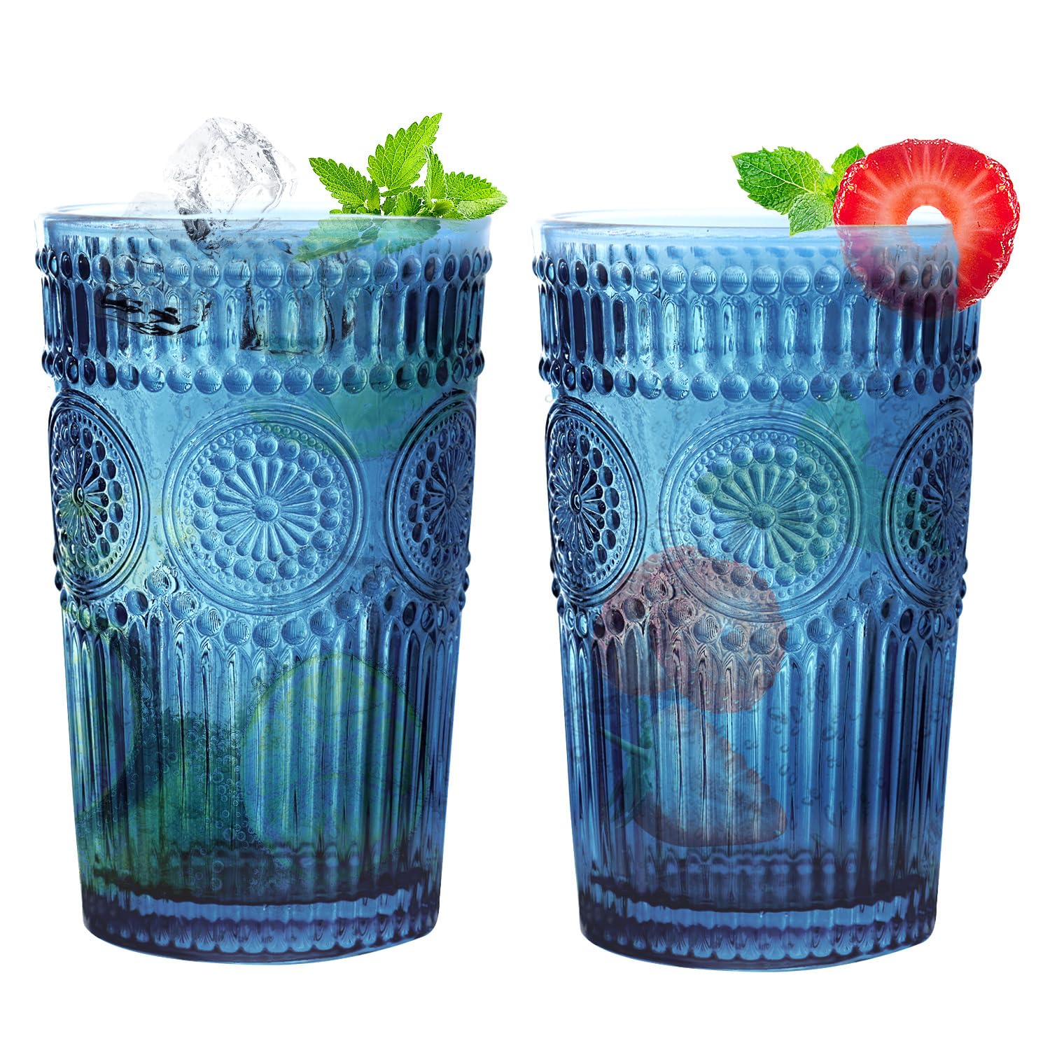 Vintage Drinking Glasses Set of 6 - 12 oz Blue Highball Glasses with Embossed Ribbed Design - Perfect for Cocktails, Water, Juice, Coffee & Whiskey - Ideal for Home Bars, Parties & Gifts