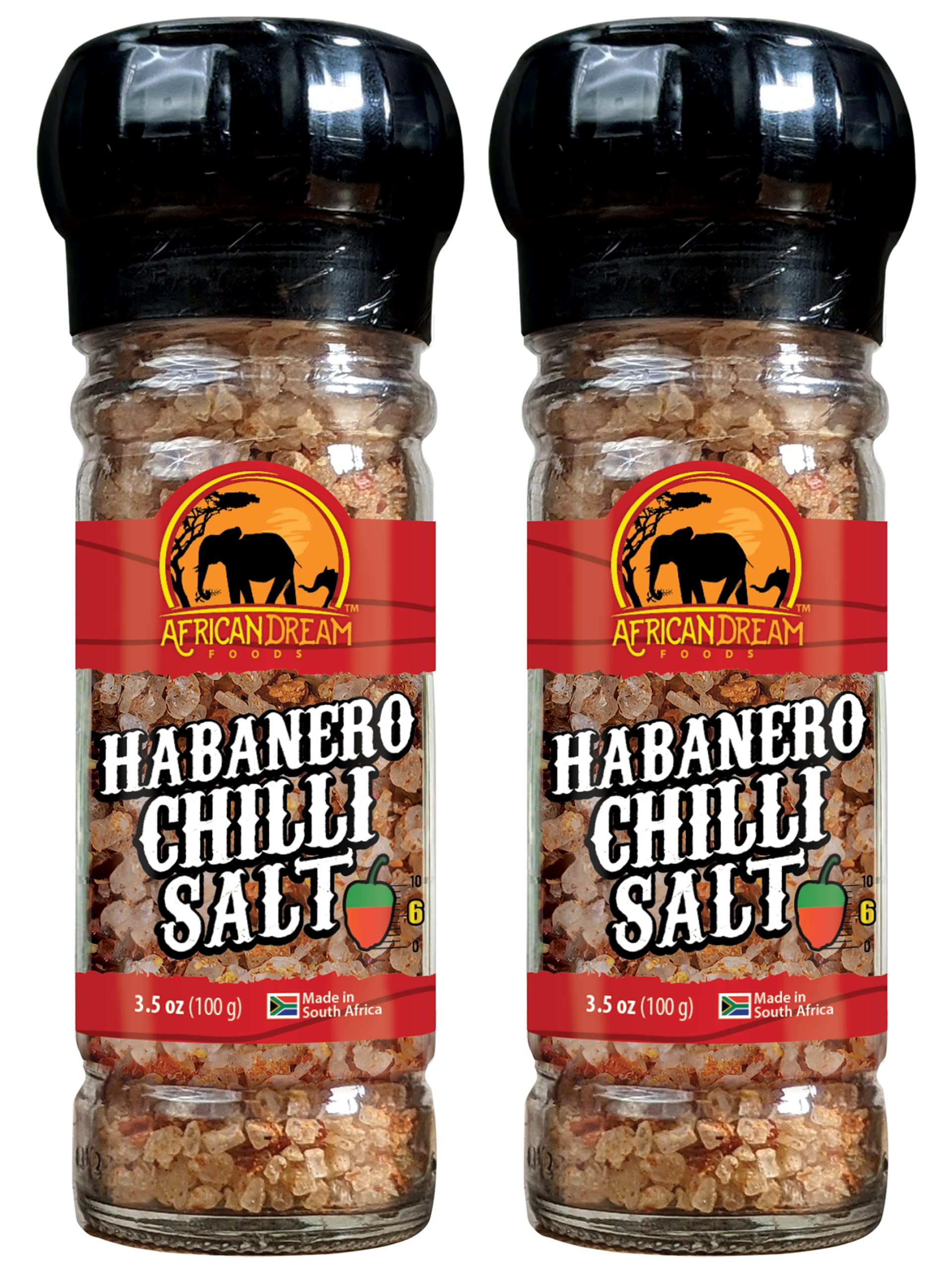 African Dream Foods Habanero Spicy Salt Seasoning - Natural African Habaneros & Sea Salt Blend - Perfect for Grilling Meat, Chicken, Seafood - Reusable Grinder, 3.5 oz (2-Pack) - Great for BBQ, Cooking & Spicy Food Lovers
