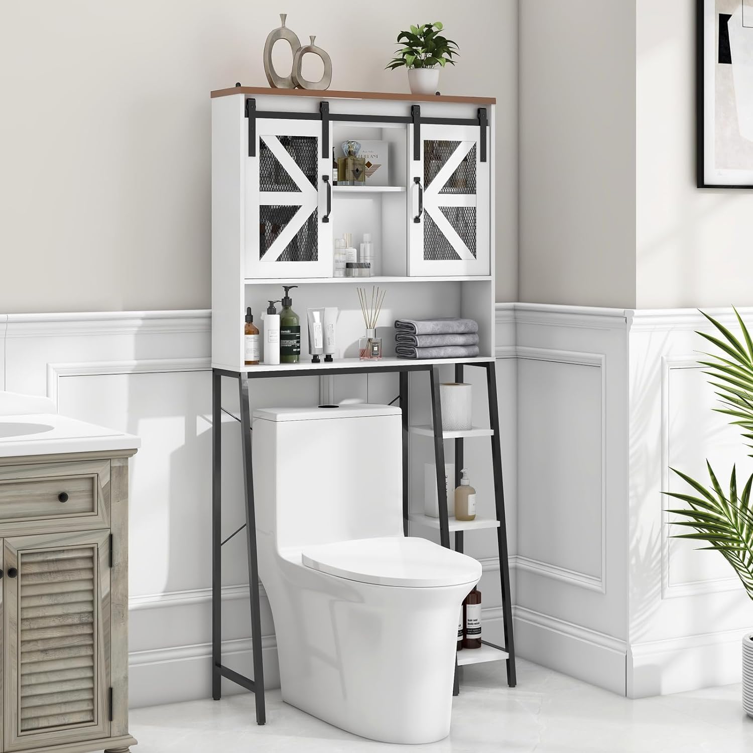 Farmhouse Over The Toilet Storage Cabinet with 2 Sliding Barn Doors - White Bathroom Space Saver for Toilet Paper, Towels & Essentials - Perfect for Small Bathrooms, Restrooms & Laundry Rooms