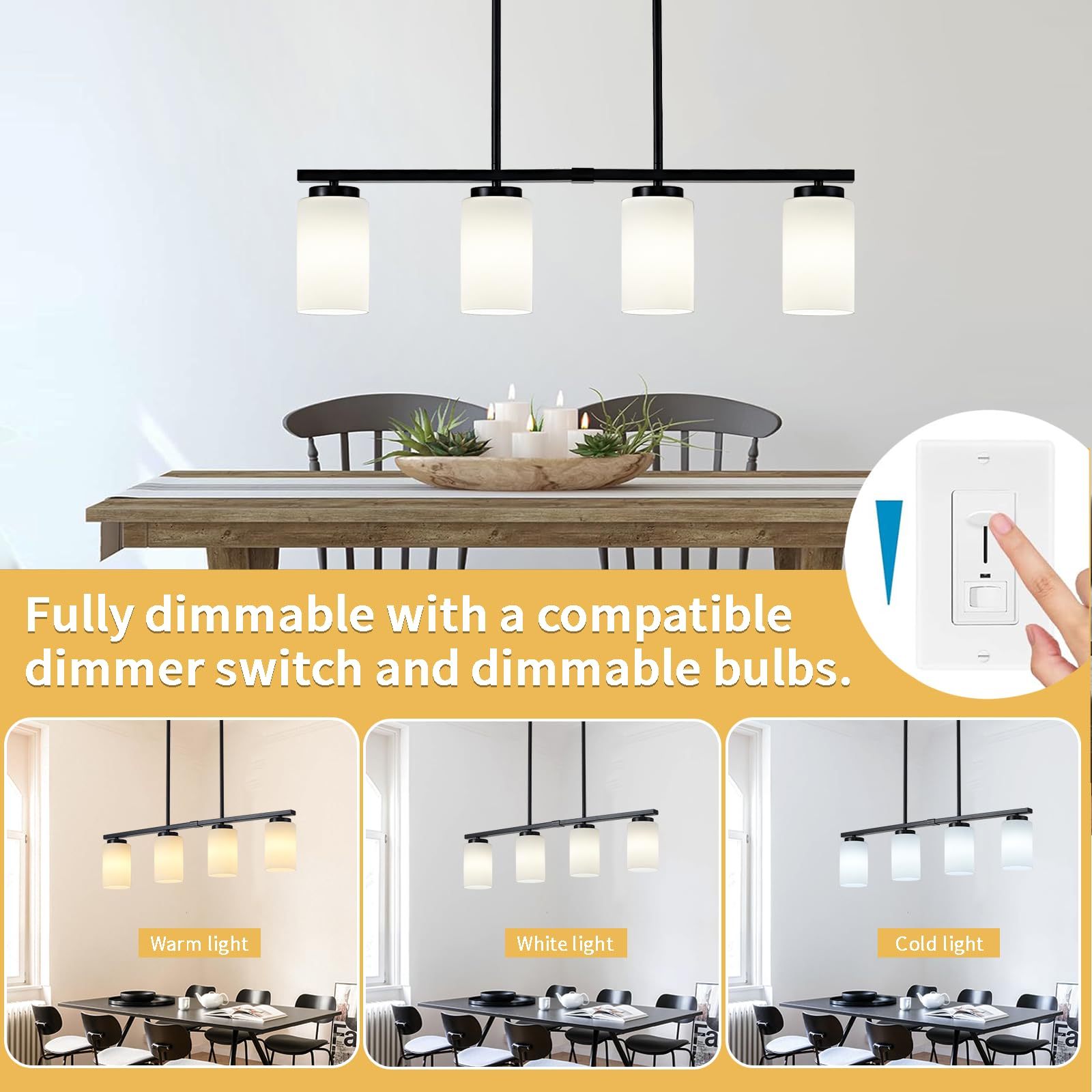 4-Light Farmhouse Linear Chandelier - Adjustable Kitchen Island Lighting with Milky Glass Shades - Rustic Dining Room Pendant Light Fixture for Modern Farmhouse, Restaurant & Breakfast Nook Decor