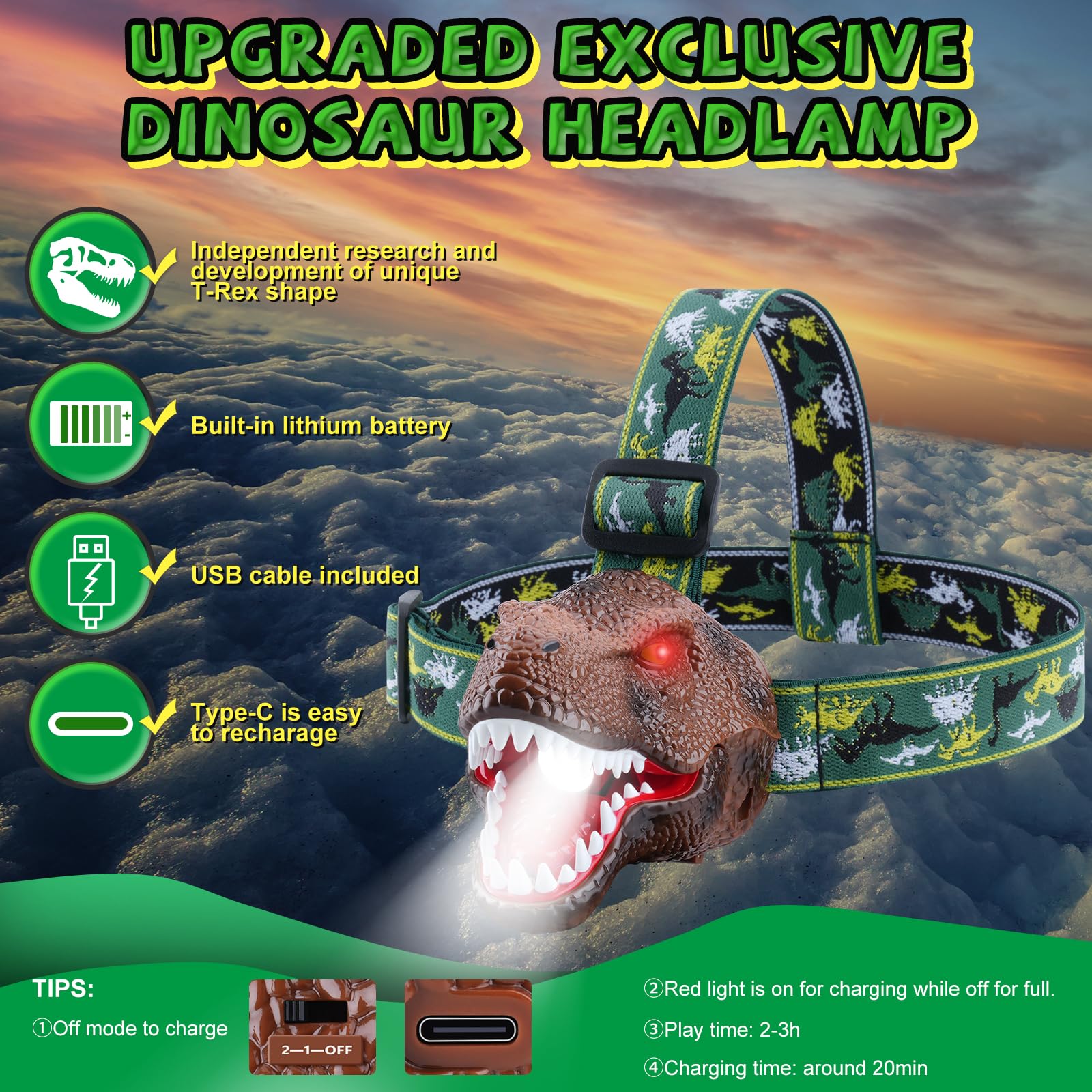 Rechargeable Dinosaur Headlamp for Kids - T-Rex LED Flashlight with Roar Mode for Camping & Gifts