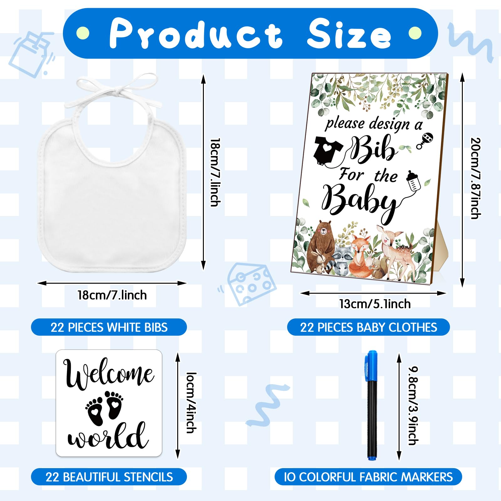 Newwiee 55-Piece White Baby Bib Set for Decorating - Plain Newborn Bibs with Wooden Sign - Perfect for Baby Shower Games, Nursery Decor & Gender Reveal Parties