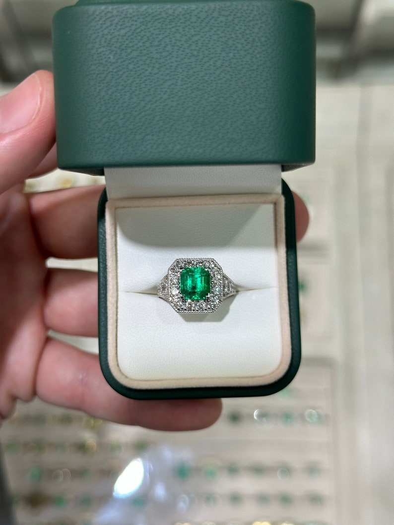 3.08 Carat Total Weight (CTW) 14K White Gold AAA Quality Vivid Green Emerald Cut Diamond Halo Ring for Women - Perfect for Engagement, Wedding, Anniversary & Special Occasions