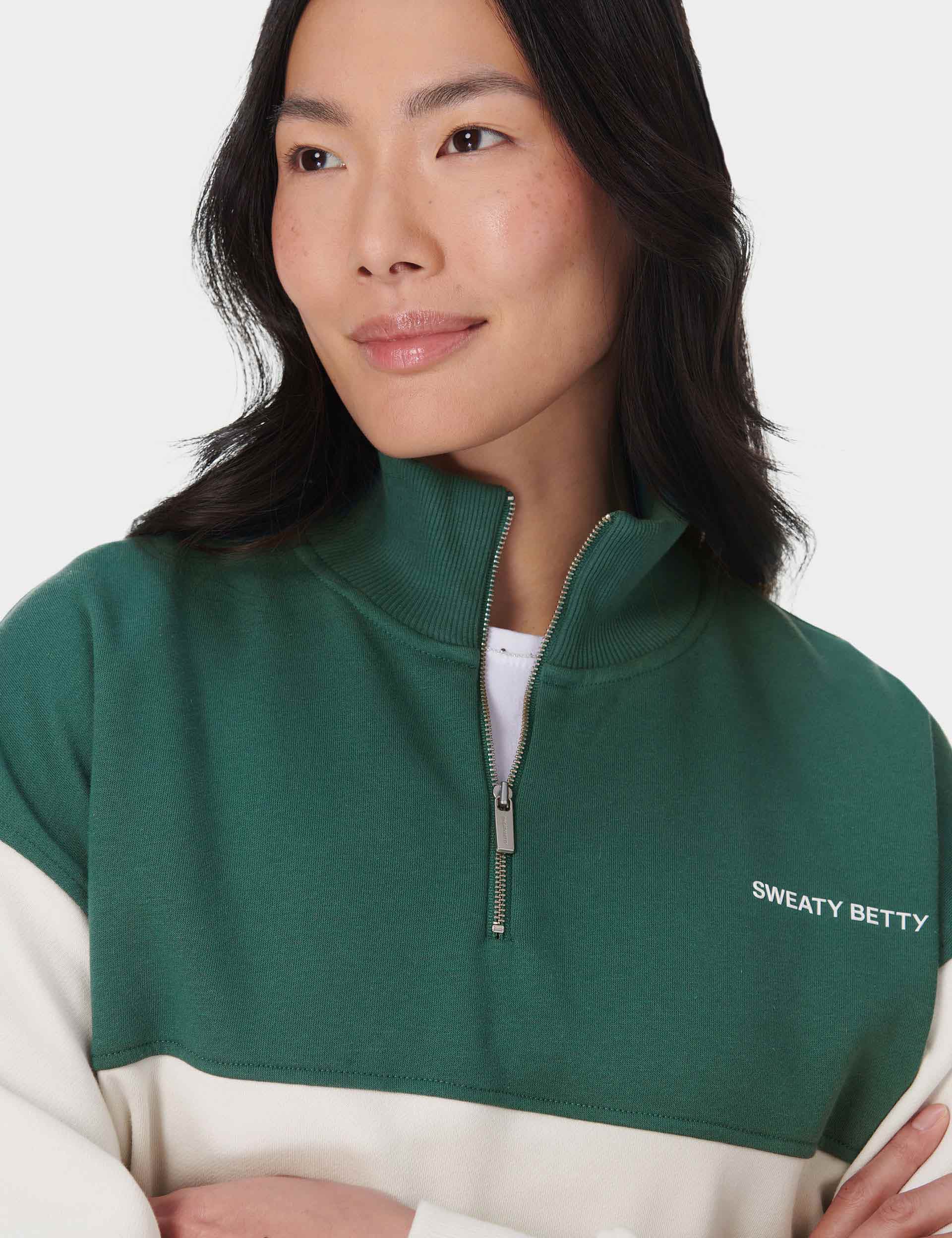 Revive Crop Half Zip Sweatshirt - Glade Green Color Block Pullover for Women | Trendy Casual Wear for Gym, Yoga & Street Fashion