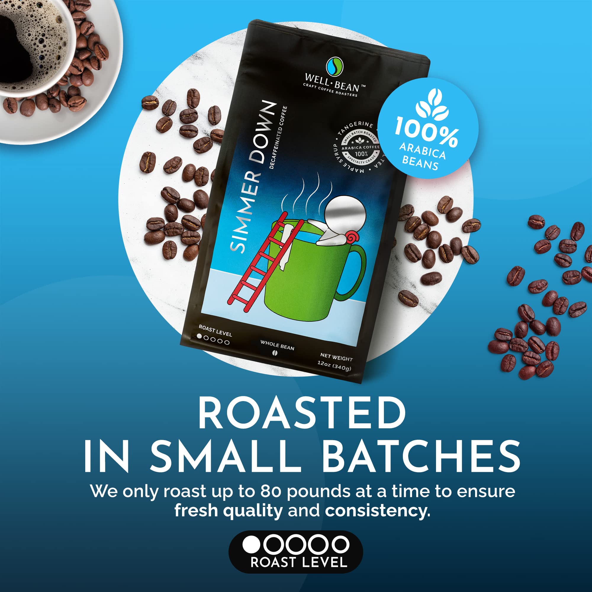 Well-Bean Coffee - Premium Colombian Decaf Whole Bean Coffee, Swiss Water Processed, Light Roast, Vegan Friendly, 12 oz - Perfect for Home Brewing, Office Use & Gifts