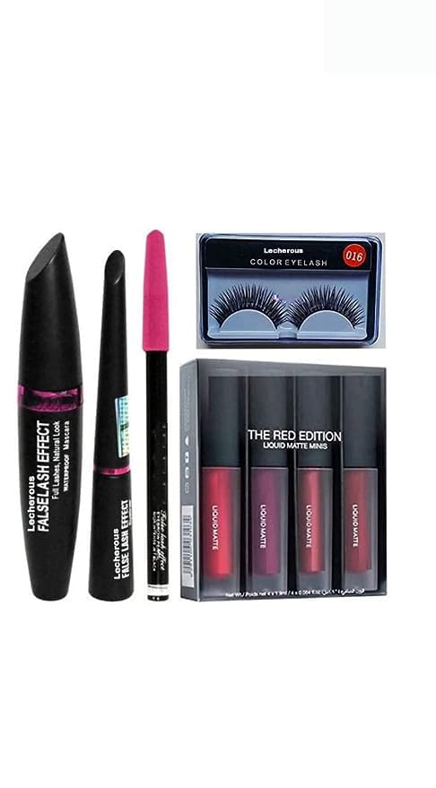 KAARM Professional Waterproof Makeup Kit - Eyeliner, Mascara, Eyebrow Pencil & Matte Lipstick (Red Edition, 8-Piece Set) | Long-Lasting Cosmetics for Party, Wedding & Everyday Glam