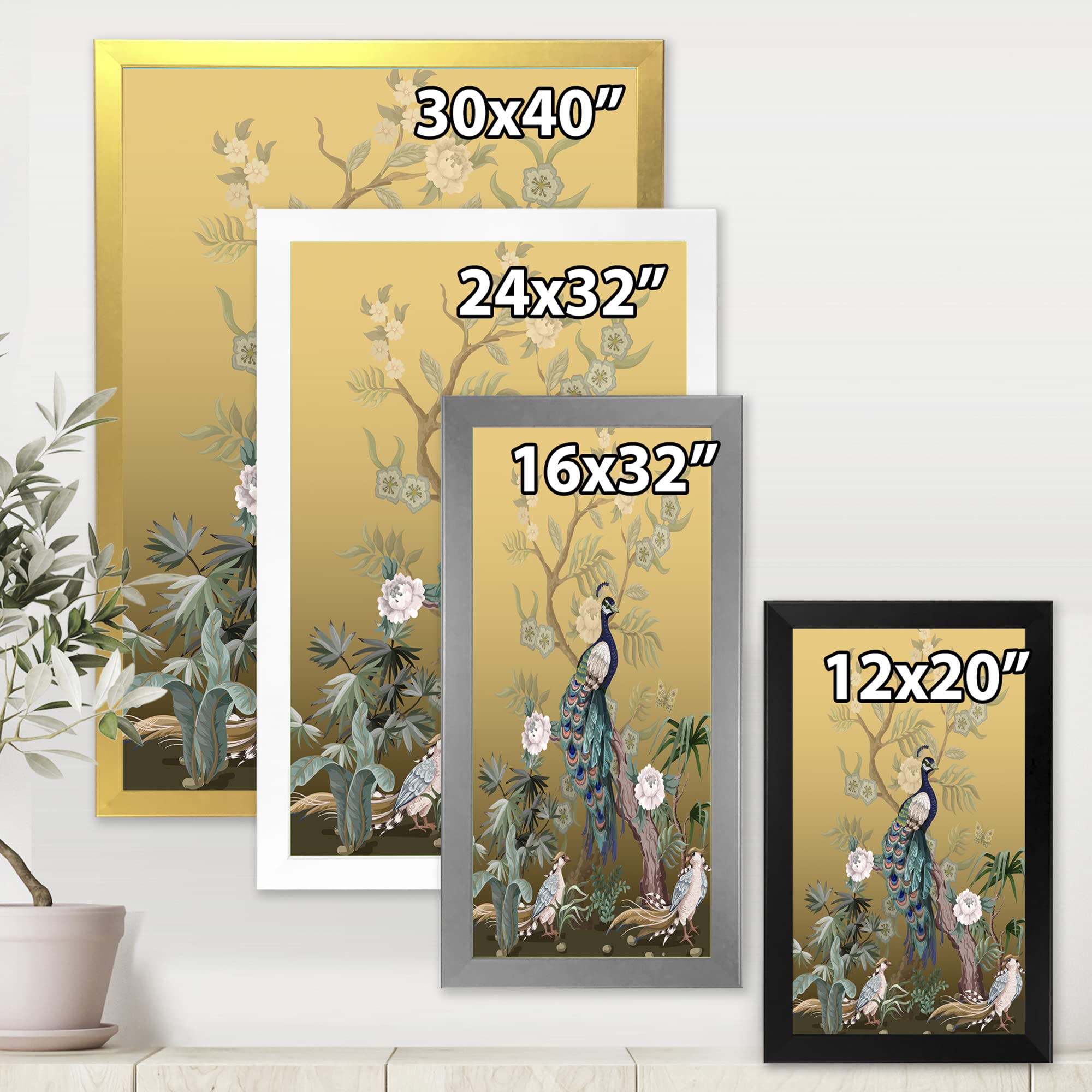 DesignQ Chinoiserie With Birds and Peonies VI Traditional Framed Wall Art - 30x40 Inches - Elegant Home Decor for Living Room, Bedroom & Office - Ready to Hang - FRAME35101