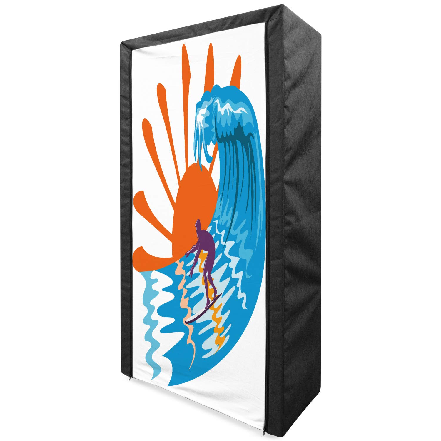 Ambesonne Summer Portable Fabric Wardrobe - Beach Themed Surfing Sport Ocean Waves Print Clothing Organizer with Shelves, 33.5 Inch, Sky Blue & Orange - Perfect for Beach Houses, Dorm Rooms, and Seasonal Storage