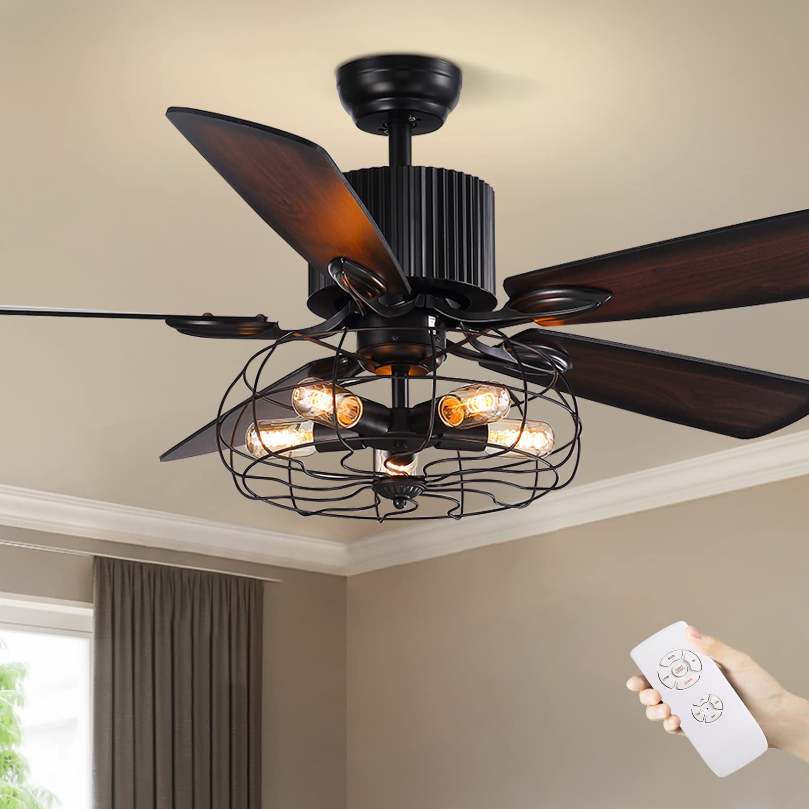 CROSSIO 52 Inch Farmhouse Ceiling Fan with Light Kit and Remote Control - Industrial Style Cage Ceiling Fan - 5 Reversible Wooden Blades - Rustic Black Finish - Perfect for Dining Room, Living Room, Bedroom, Porch and Patio