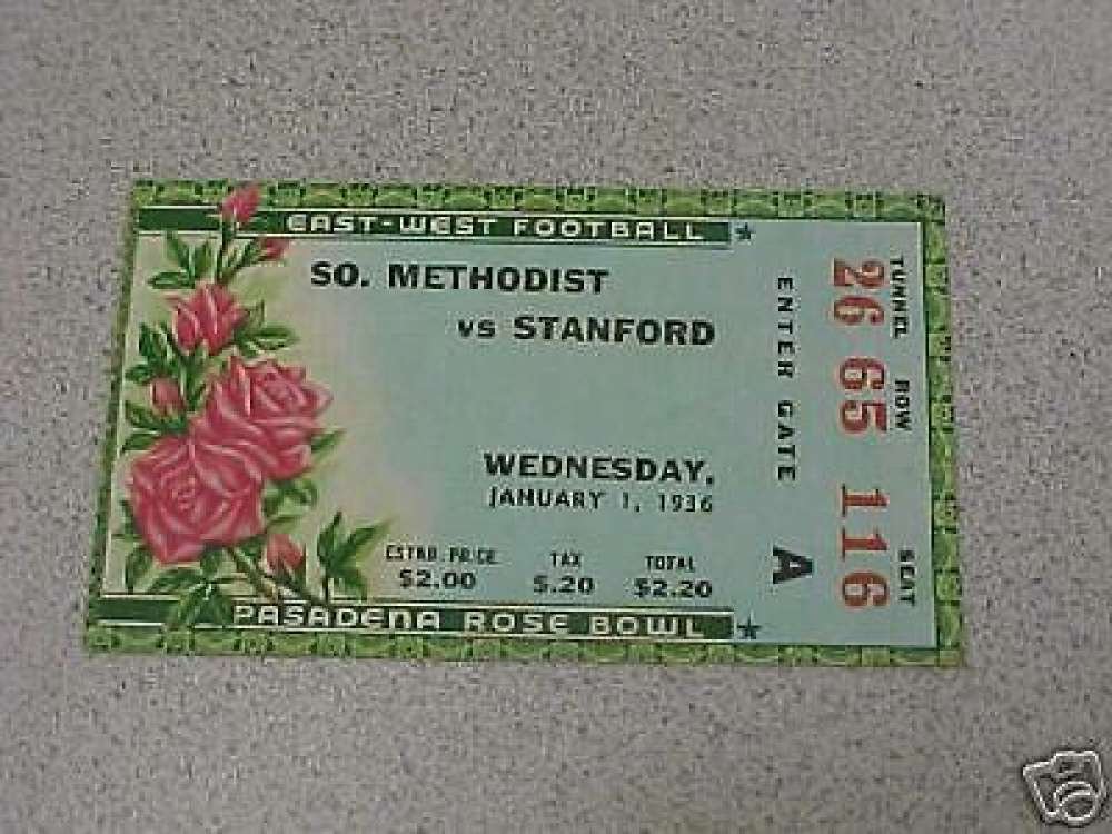 Vintage 1936 Rose Bowl Ticket Stub - SMU vs Stanford Football Game Collectible | Perfect for Sports Memorabilia Displays & College Football History Enthusiasts