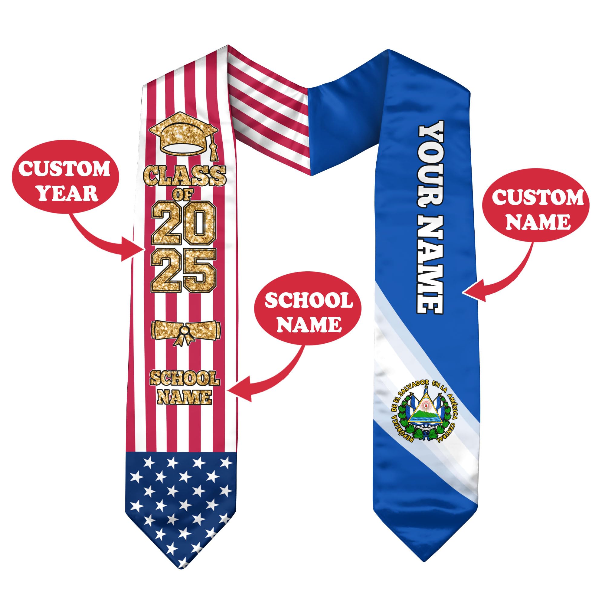 Custom Salvadoran Graduation Sash with El Salvador Flag Design - Personalized Graduation Stole for Salvadoran-American Students - Perfect for High School & College Graduation Ceremonies