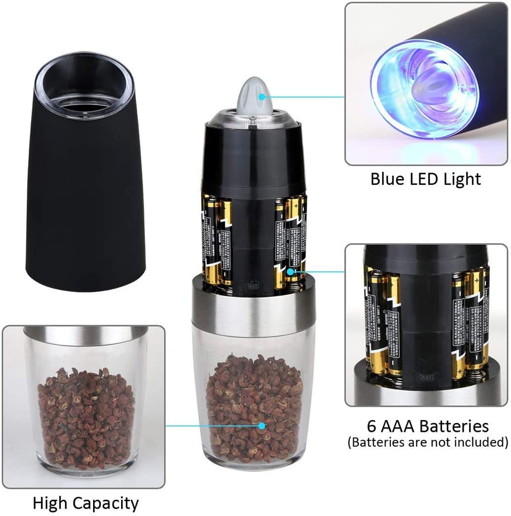 DLD Battery Operated Electric Pepper and Salt Grinder Set - Adjustable Coarseness, One-Handed Operation with Utility Brush, Stainless Steel Design [White Light] - Perfect for Kitchen, Dining Table, Camping & Gifts