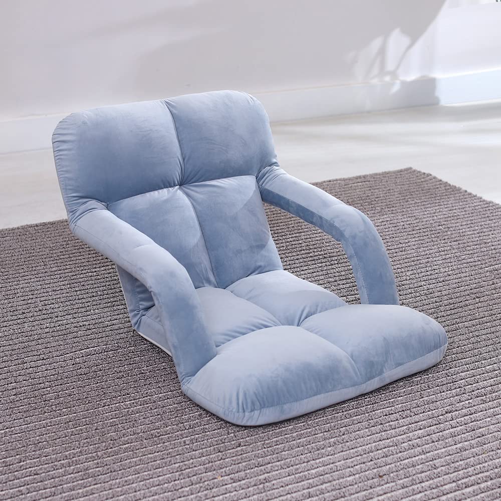 WoodShine Adjustable 6-Position Padded Floor Chair with Arms - Foldable Floor Seating Pillow for Gaming, Meditation & Reading - Ergonomic Back Support - Morandi Blue - Perfect for Small Spaces & Home Office