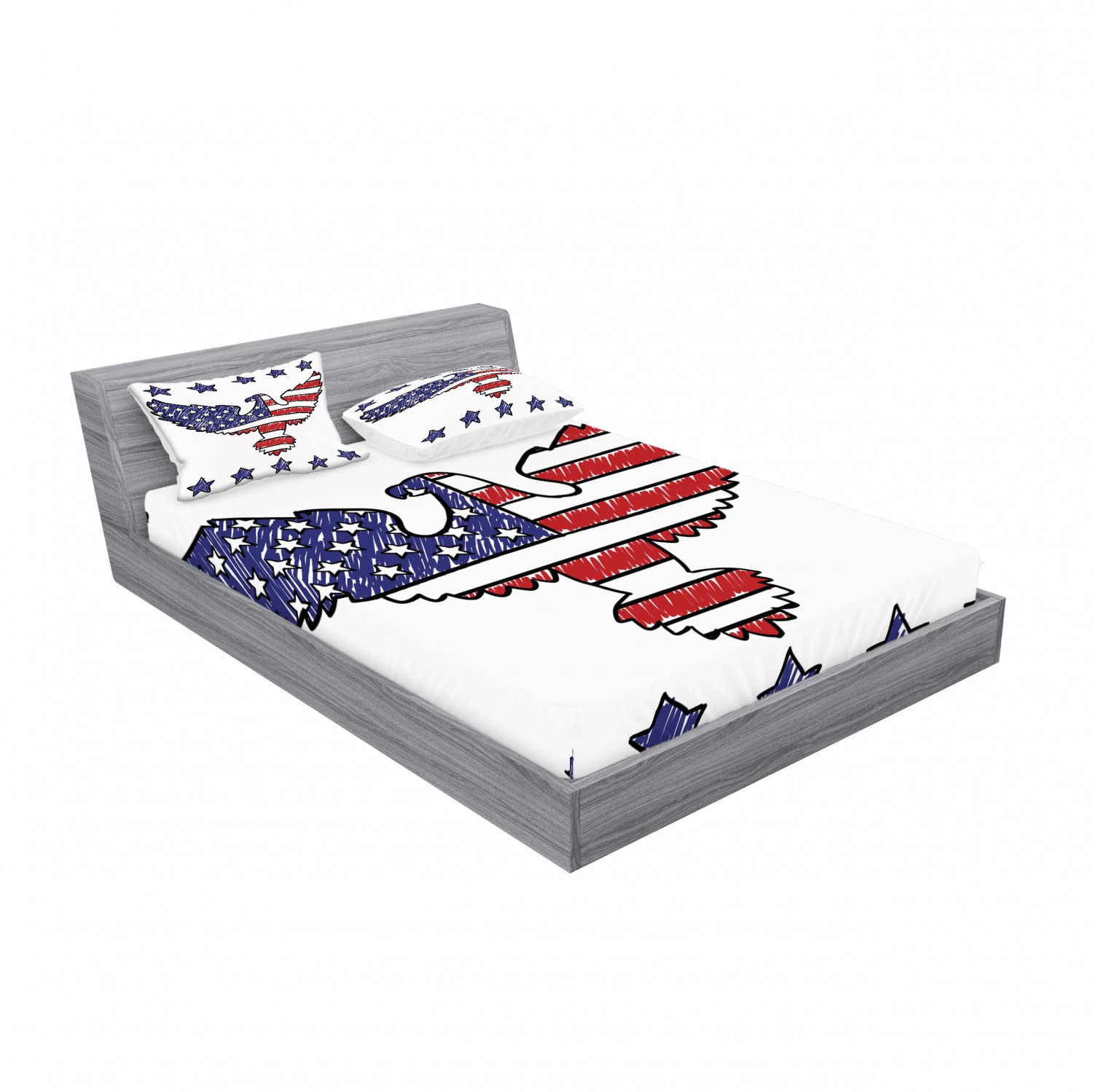 Ambesonne 2-Pack Fitted Sheet & Pillow Sham Set - Patriotic Eagle Design, 4-Piece Bedding Decor (2 Twin XL Fitted Sheets & 4 Pillow Covers) in Red & Blue - Perfect for Dorm Rooms, Guest Beds & Patriotic Home Decor