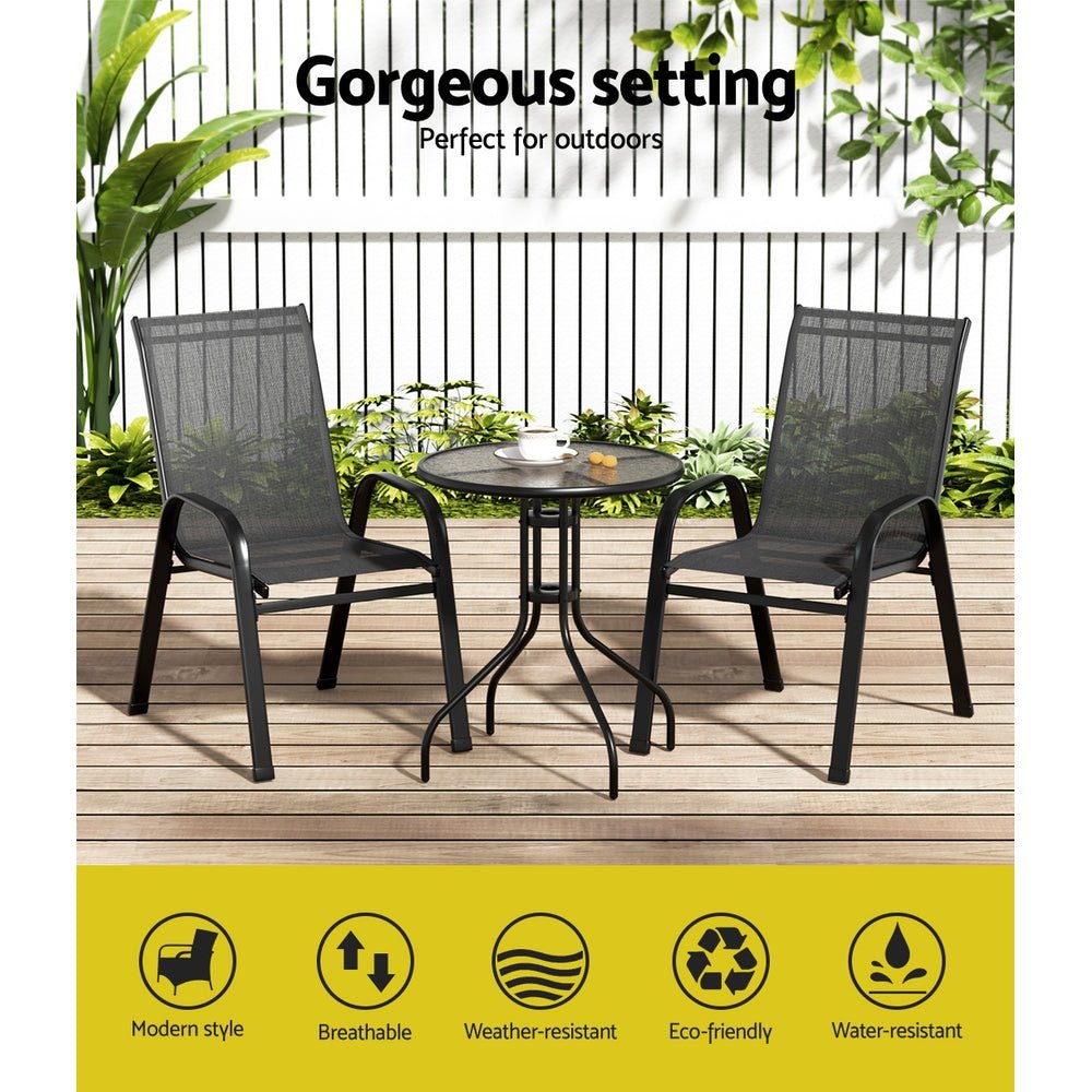 3-Piece Black Bistro Set - Stackable Outdoor Patio Table and Chairs for Garden, Balcony, Backyard & Poolside Dining