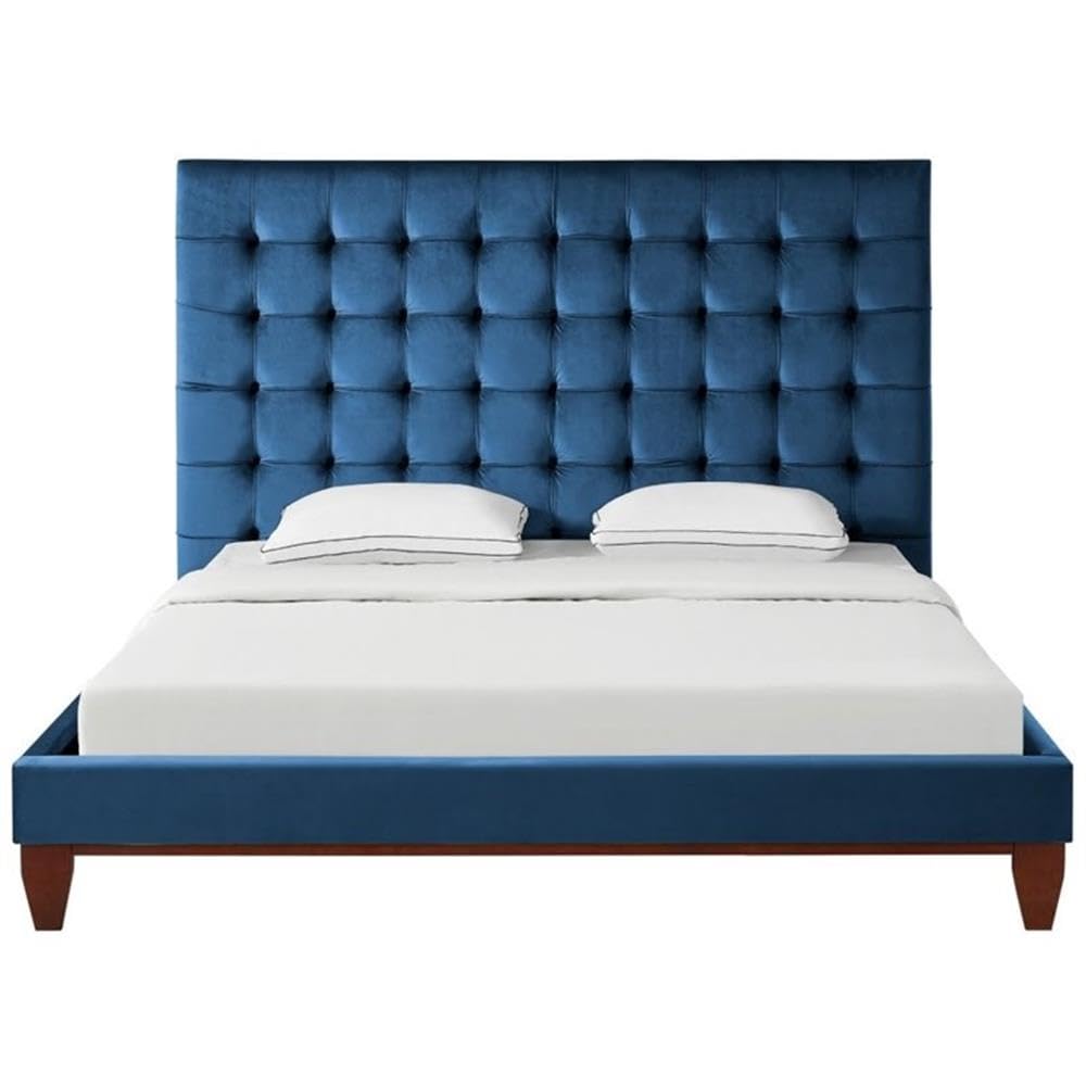 Blake Button-Tufted Velvet Queen Bed Frame - Luxurious Blue Upholstered Bed with Wooden Legs | Perfect for Master Bedroom, Guest Room & Modern Home Decor