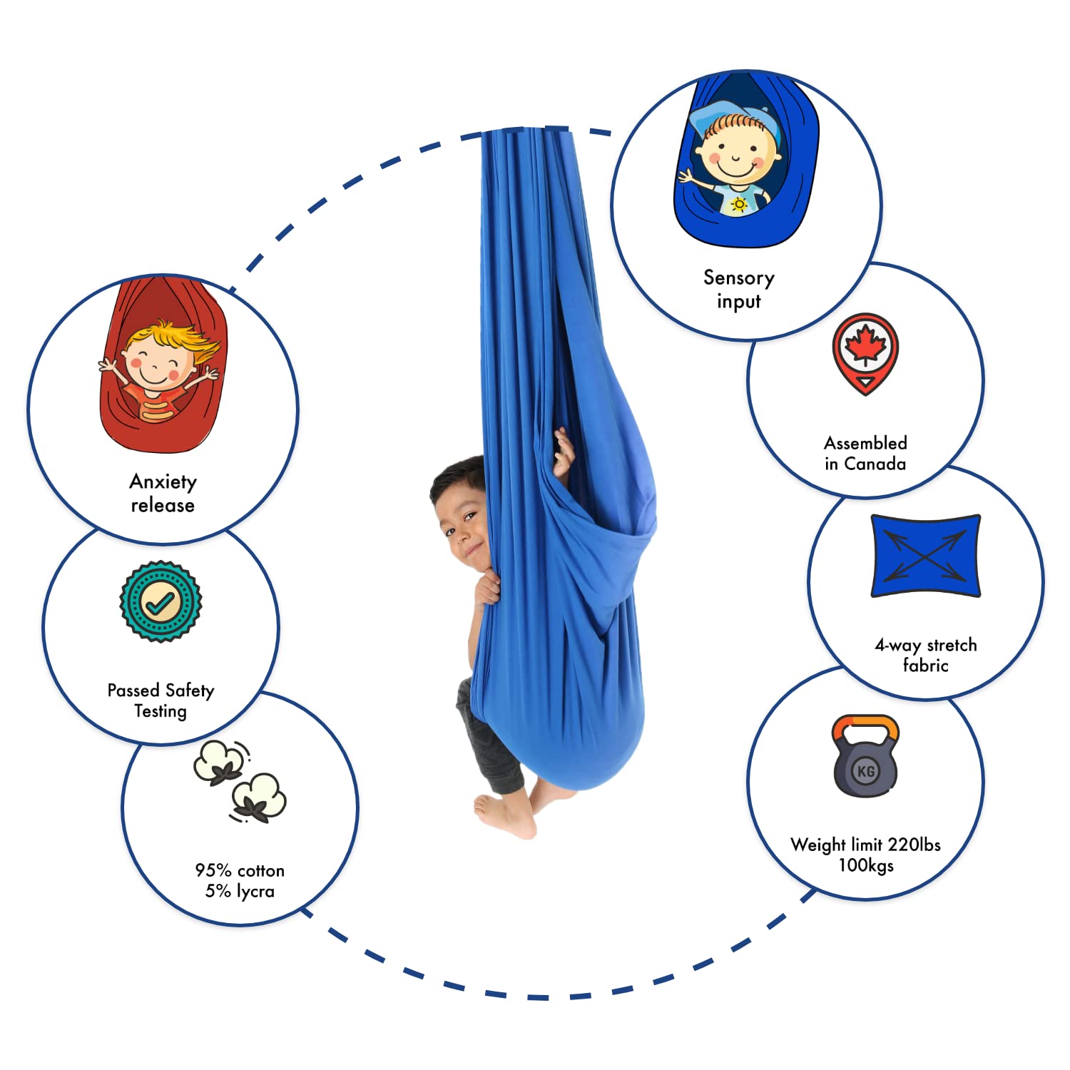 DreamGYM Sensory Swing - Extra Large Therapy Swing for Autism, ADHD, SPD & Anxiety Relief - 95% Cotton Blue Compression Hammock with Hardware - Perfect for Home Therapy Rooms, Sensory Gyms & Calming Corners