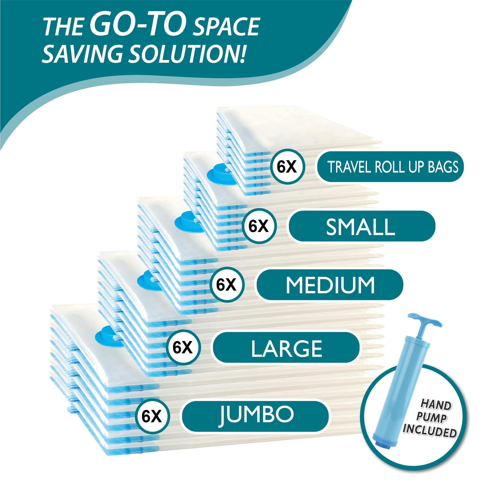 30 Pack Space Saver Vacuum Storage Bags (6 Jumbo/6 Large/6 Medium/6 Small/6 Roll) - Compression Bags for Clothes, Comforters, Blankets & Seasonal Storage - Includes Hand Pump - Perfect for Travel, Moving & Home Organization