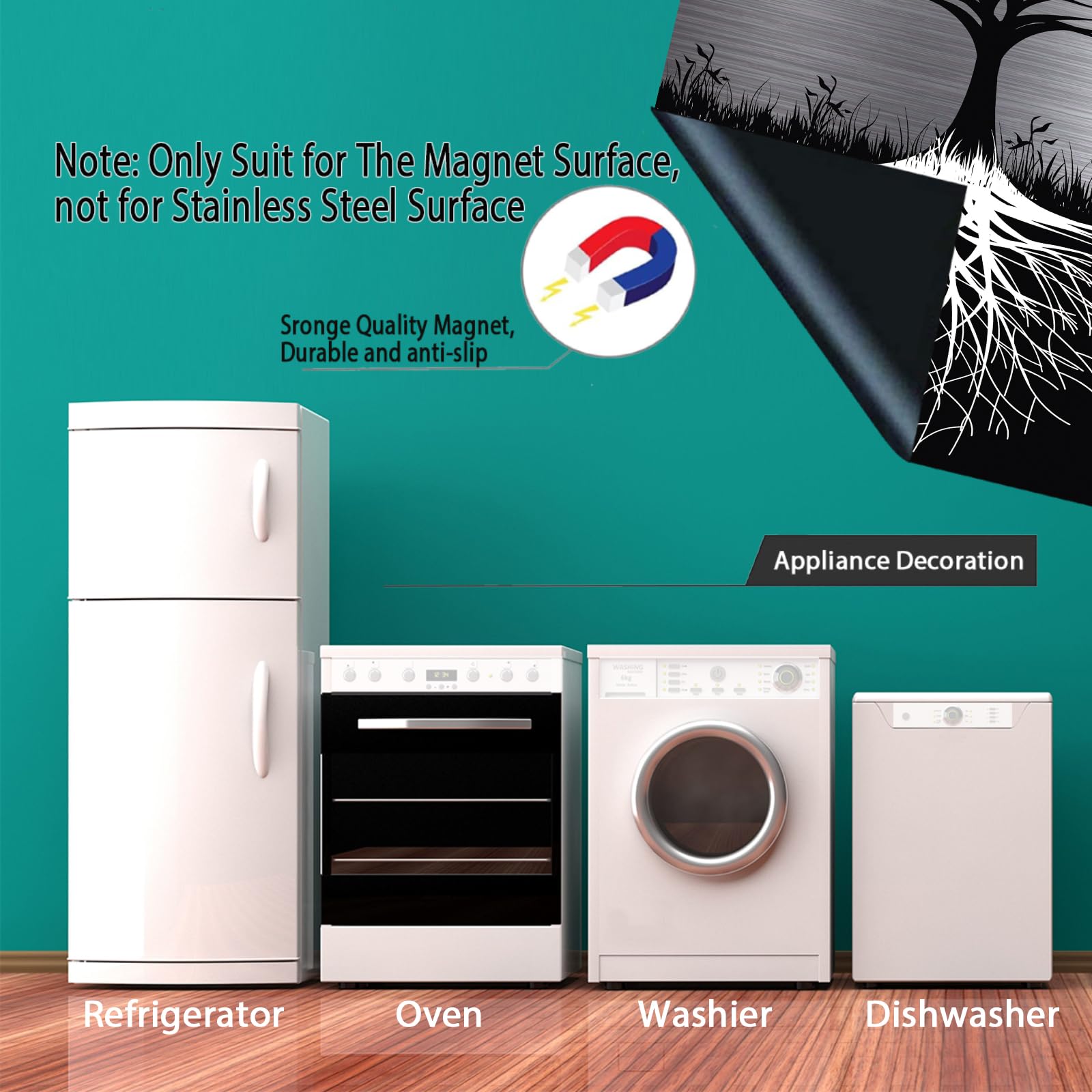 Tree of Life Dishwasher Cover Magnet Decor - 23x26 Inch Large Polishing Metal Dishwasher Front Panel - Black Kitchen Appliance Decal - Silver Magnetic Sticker for Refrigerator & Dishwasher - Perfect for Modern Kitchen Decor & Home Improvement