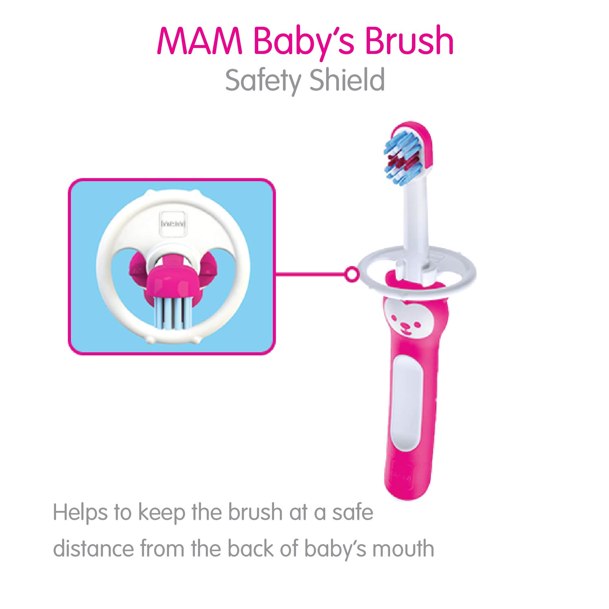 MAM Baby Training Toothbrush Set - 2 Toothbrushes with Safety Shield & Brushy the Bear, Interactive Dental Care App for Girls 6+ Months (Pink) - Perfect for First Teeth Care & Toddler Oral Hygiene Development
