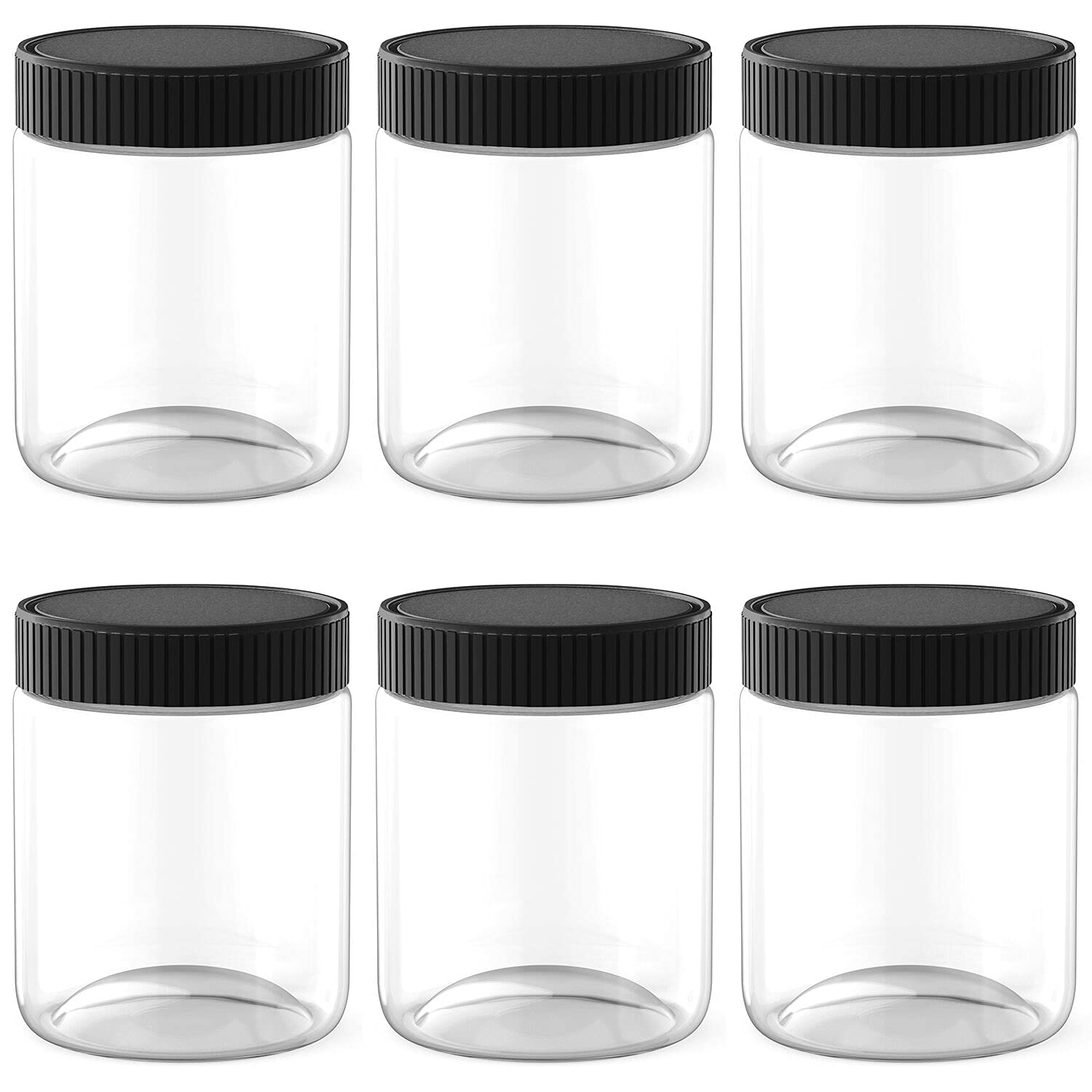 8 Oz Clear Plastic Jars with Black Lids - 6 Pack Airtight Food Storage Containers for Dry Food, Coffee, Nuts, Spices | BPA-Free Kitchen Organization & Pantry Storage Solutions for Home, Office or Restaurant Use