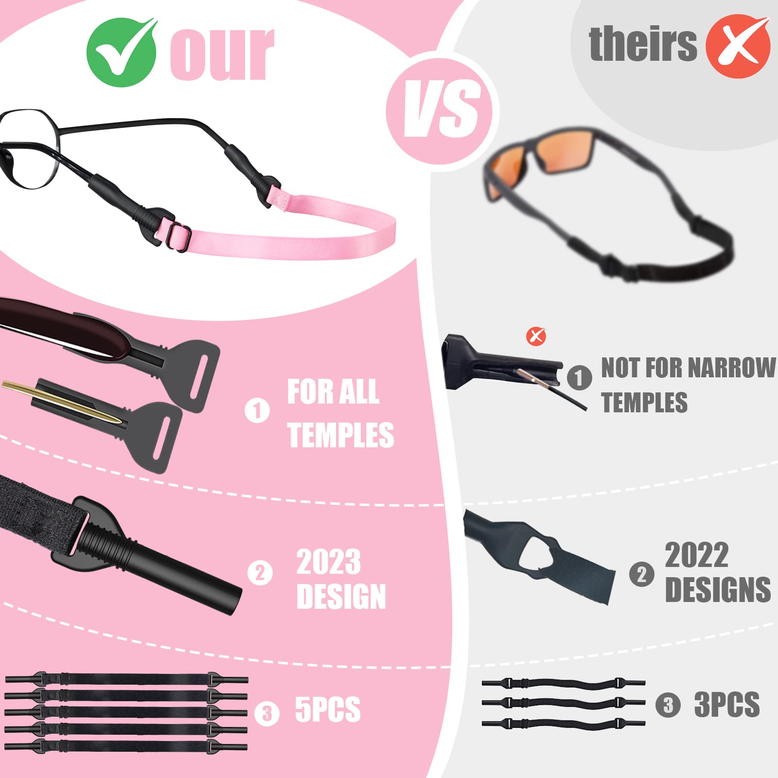 Adjustable Anti-Slip Eyeglasses Strap 5PCS - Sports Sunglasses Holder for Men, Women & Kids (8.7-22inch) - Black/Pink/Yellow/Purple/Red - Perfect for Running, Hiking, Swimming & Outdoor Activities