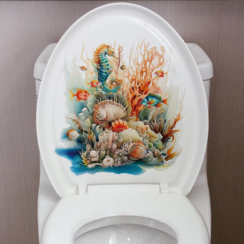 Waterproof Coral Sea Starfish Toilet Cover Sticker Decals - Self-Adhesive Ocean Theme Bathroom Decor for Toilet Lid, Tank & Wall - Perfect for Beach House, Coastal Style or Kids Bathroom Design