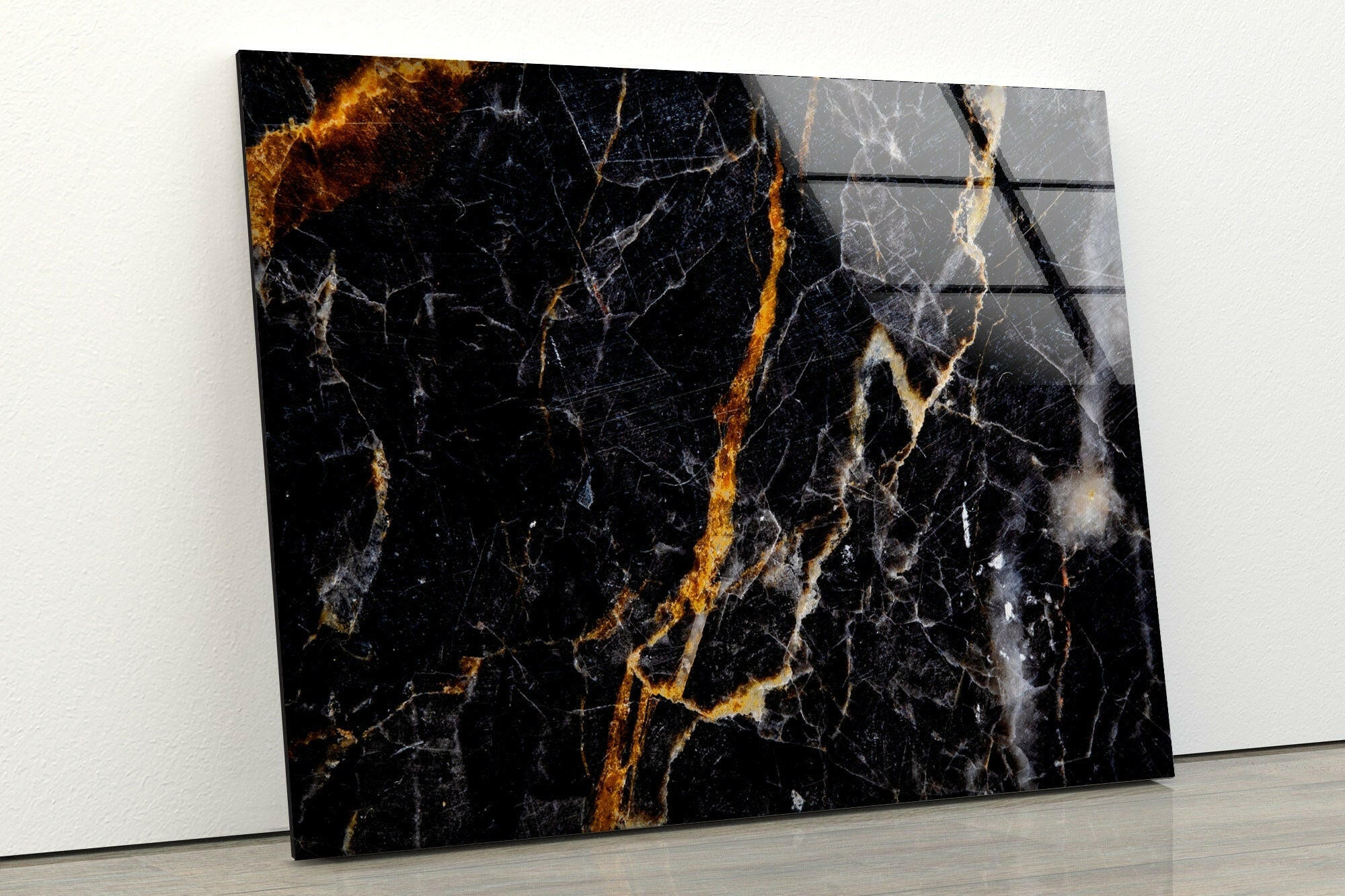 Black & Orange Marble Abstract Glass Wall Art - Modern Home Decor for Living Room, Bedroom & Office - Unique Handmade Glass Painting for Contemporary Interior Design