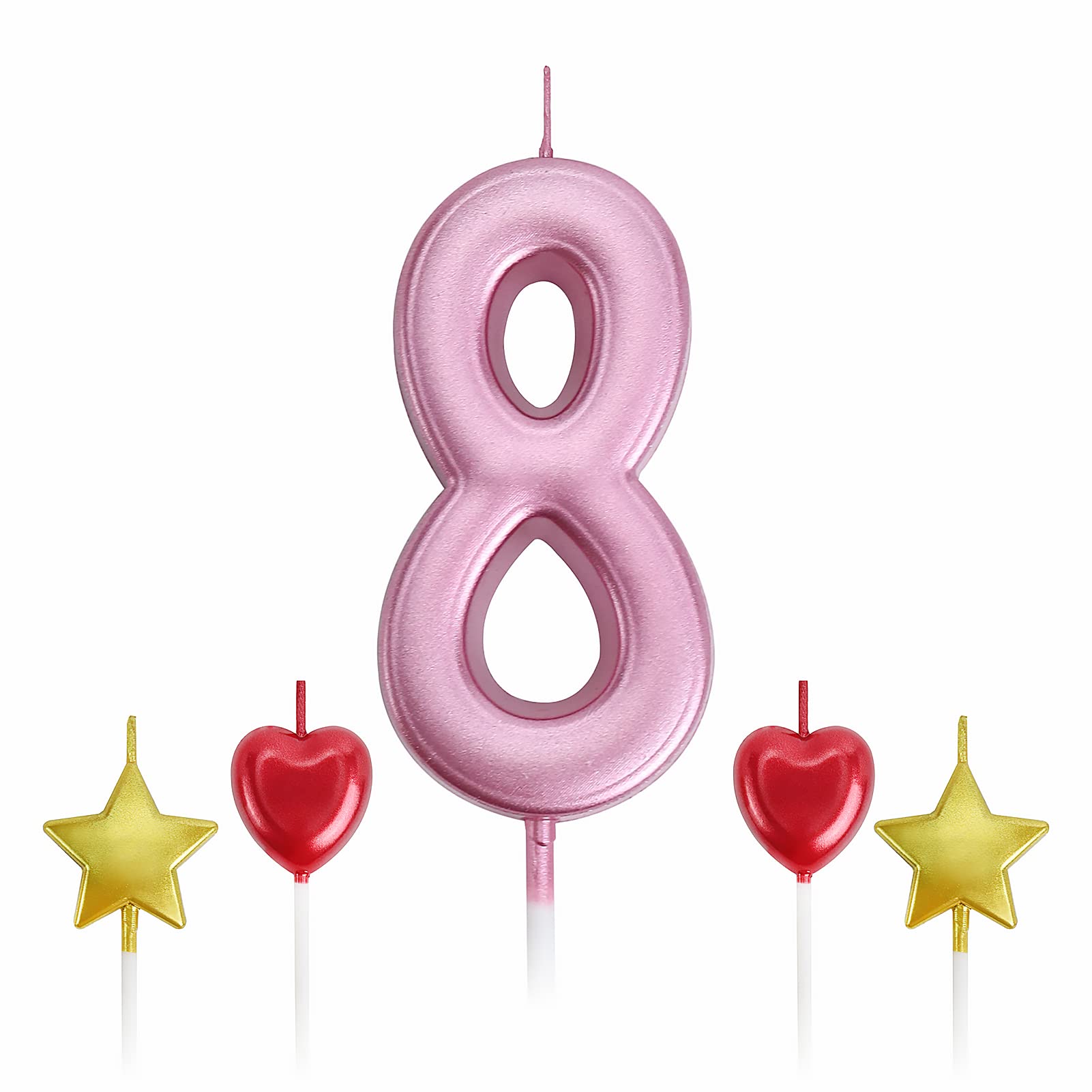 8th Birthday Candles Pink - Star & Heart Toppers for Cake Decorations - Party, Kids, Adults