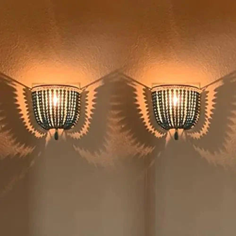 Handmade Wooden Bead Cascade Wall Lamp - Boho Chic Hanging Light Fixture for Bedroom, Living Room & Dorm Decor