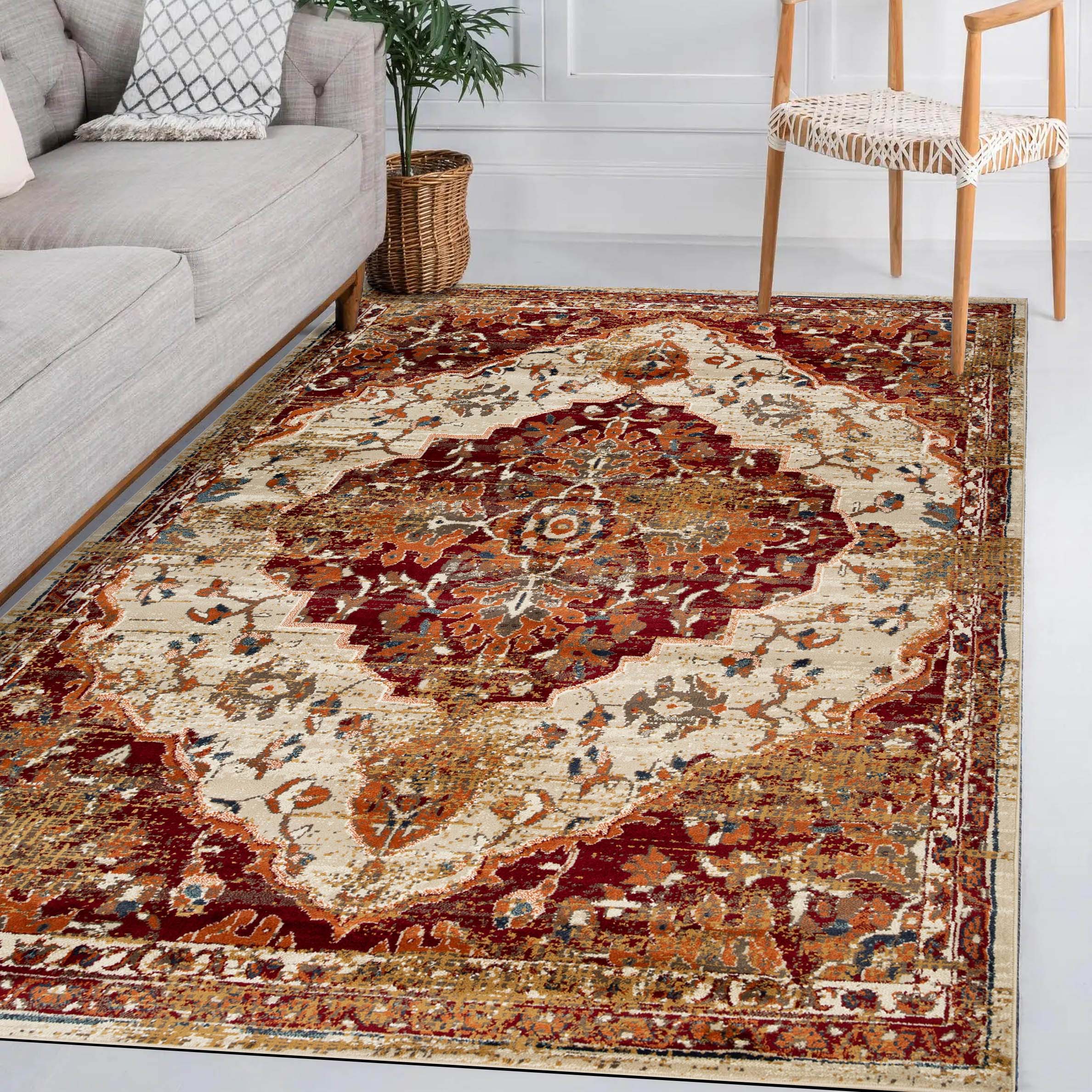 Abena Traditional Medallion Indoor Area Rug or Runner - Non-Slip Living Room Carpet, Bedroom Decor, Hallway Runner - Perfect for Home, Office & Apartment
