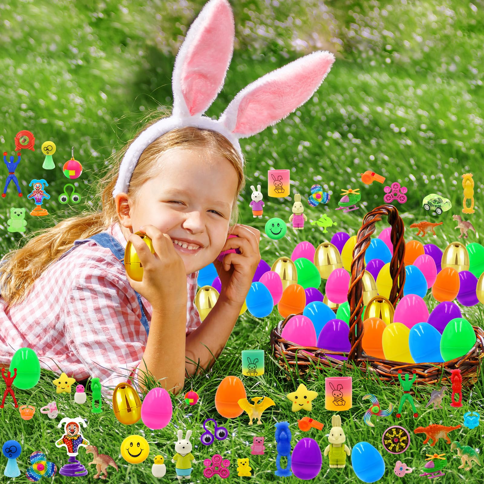 6 Surprise Golden Eggs - 100 PCS Easter Prefilled Eggs with Assorted Toys & Fidget Toys, Plastic Easter Egg Fillers for Kids - Perfect for Easter Egg Hunts, Basket Stuffers, Birthday Parties and Classroom Activities (Toddlers, Boys & Girls)