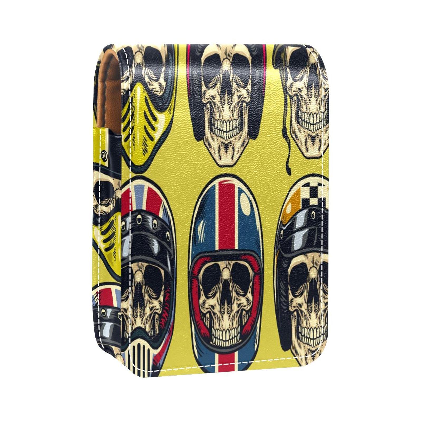 Skull Helmet Lipstick Case with Mirror - Travel Cosmetic Pouch for Purse Organizer