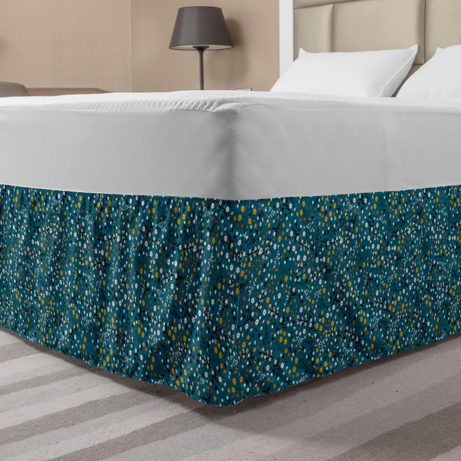 Ambesonne Floral Elastic Bed Skirt - King Size Wrap Around Dust Ruffle with Spring Flower Pattern in Sea Blue Teal for Bedroom Decor | Perfect for Guest Rooms, Master Bedrooms & Home Staging