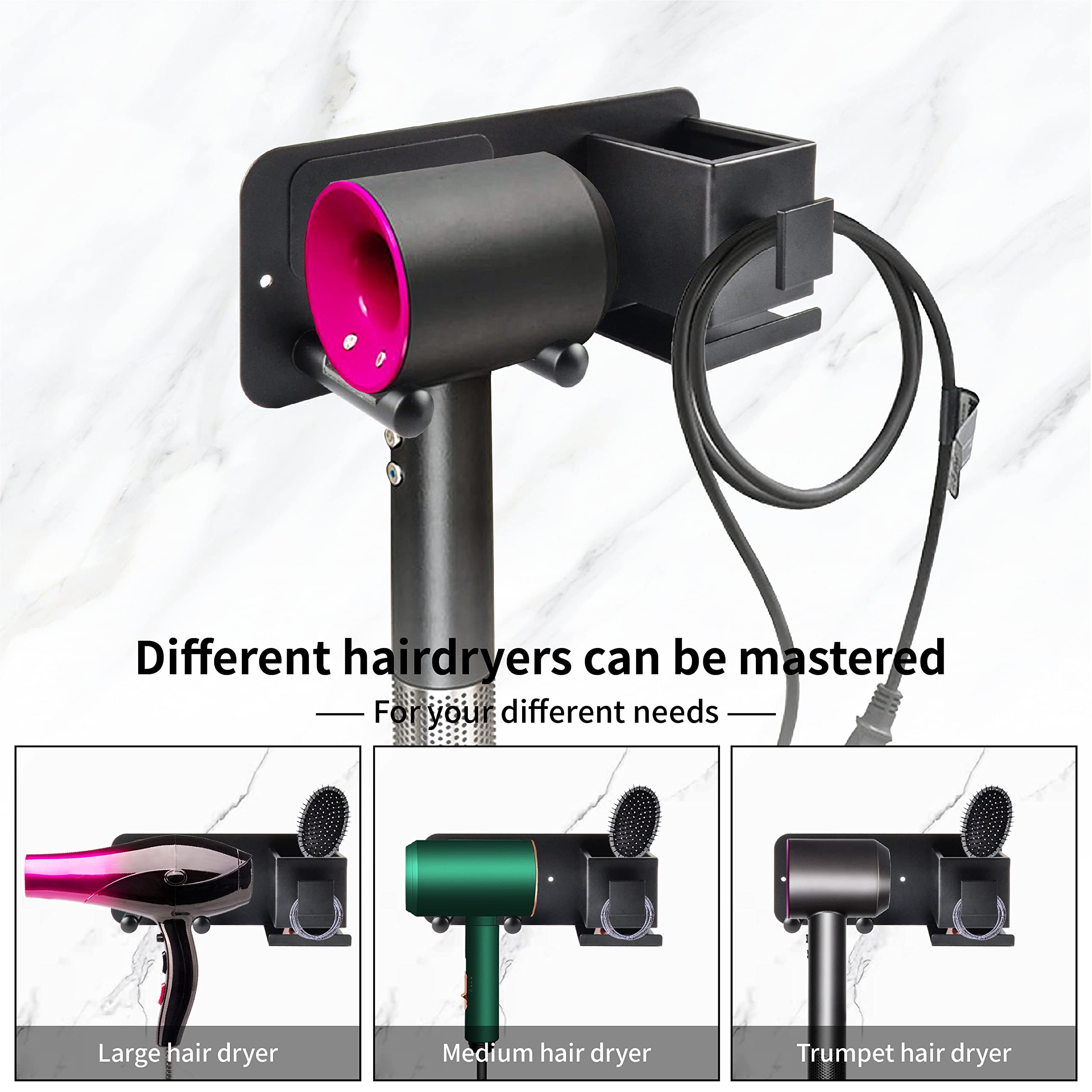 Wall Mounted Hair Dryer Holder & Brush Organizer for Bathroom Storage