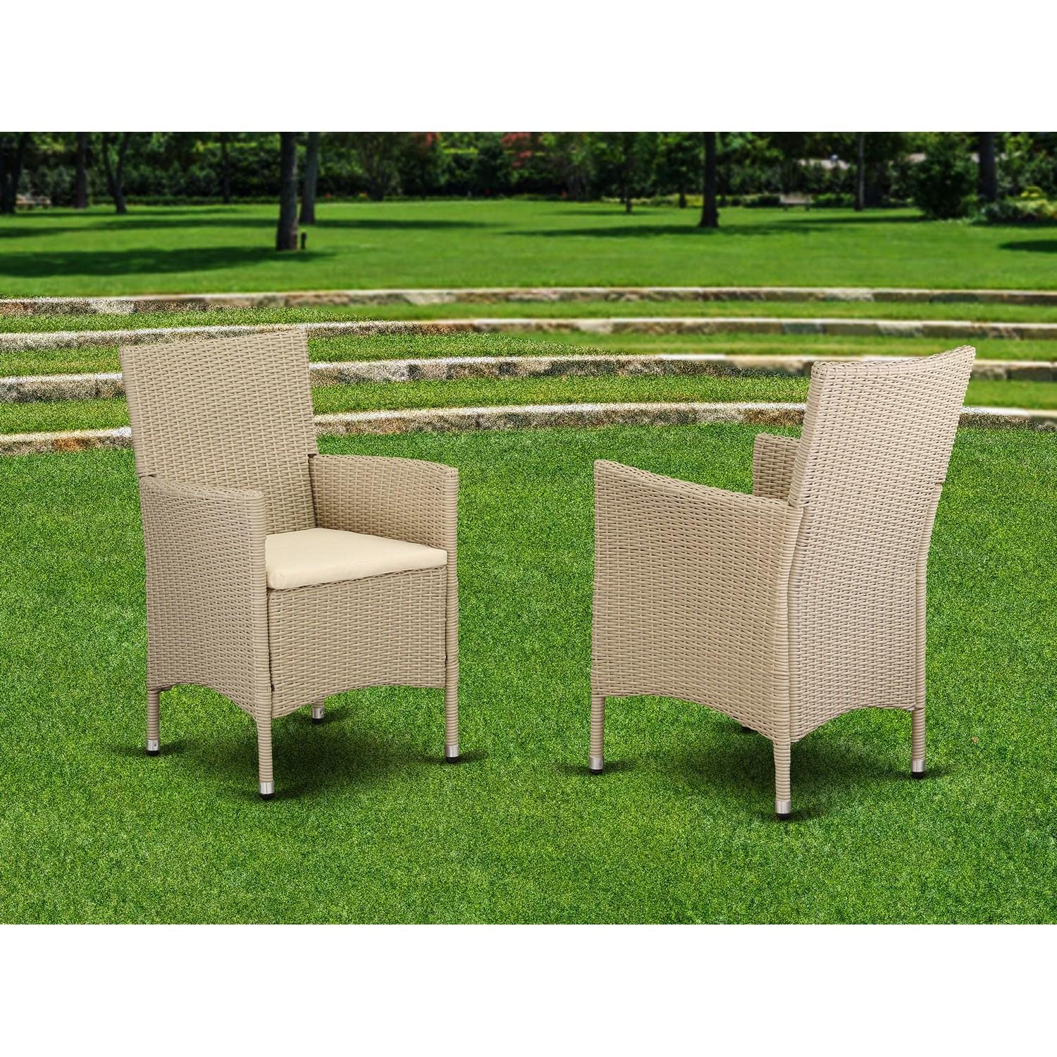 East West Furniture HVLC153V Valencia Patio Bistro Wicker Dining Chairs with Cushion, Set of 2, Cream - Outdoor Garden, Balcony, and Patio Dining Furniture for Relaxing Meals