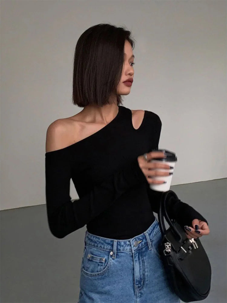 Women's Sexy Off Shoulder Long Sleeve Crop Top - Slim Fit Hollow Out T-Shirt for Spring | Fashion Solid Color Tee for Date Night & Party Outfits