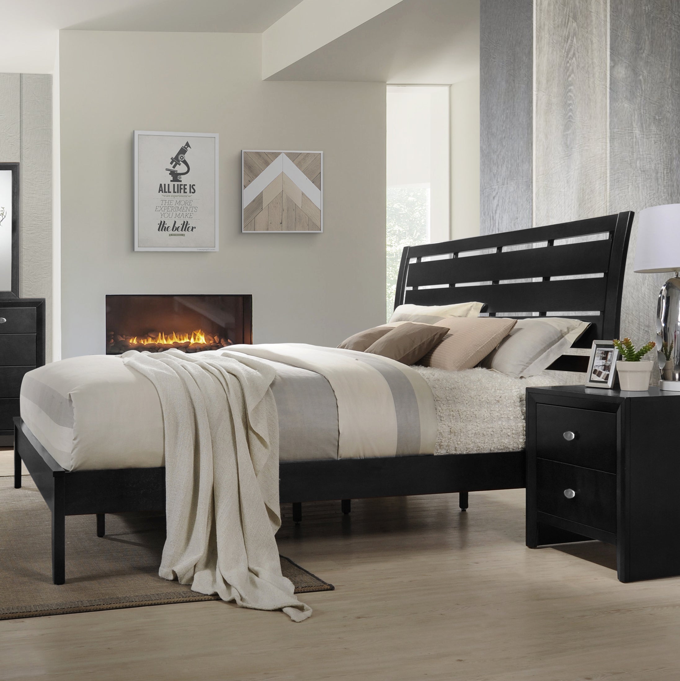 Ecrille Panel Bed with Slatted Headboard - Queen Size Black Wooden Bed Frame for Modern Bedroom | Perfect for Master Bedroom, Guest Room & Apartment