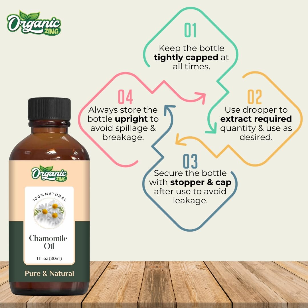 Organic Zing Chamomile Essential Oil (Matricaria chamomilla) | 100% Pure & Natural for Skin Care, Hair Growth, Aromatherapy & Diffuser Use - 30ml/1.01fl oz | Perfect for Relaxation, Stress Relief & Spa Treatments