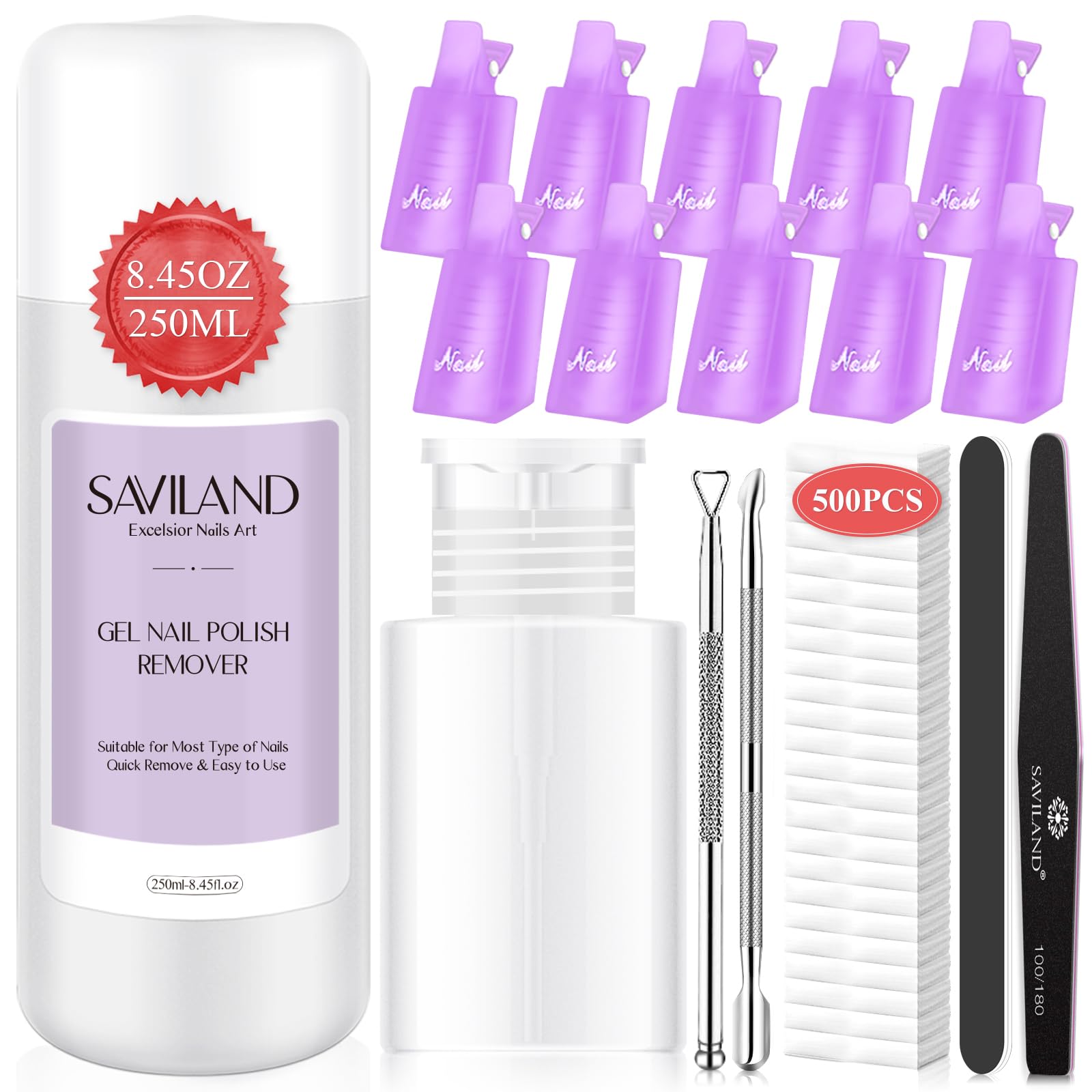 Acetone-Free Nail Polish Remover Kit - 250ml Gentle Solution with Nail Tools & Cotton Pads for Gel, Acrylic & Regular Polish | Safe Nail Care for Professional Salon, Home Manicure, DIY Nails, Spa Days & Travel Essentials