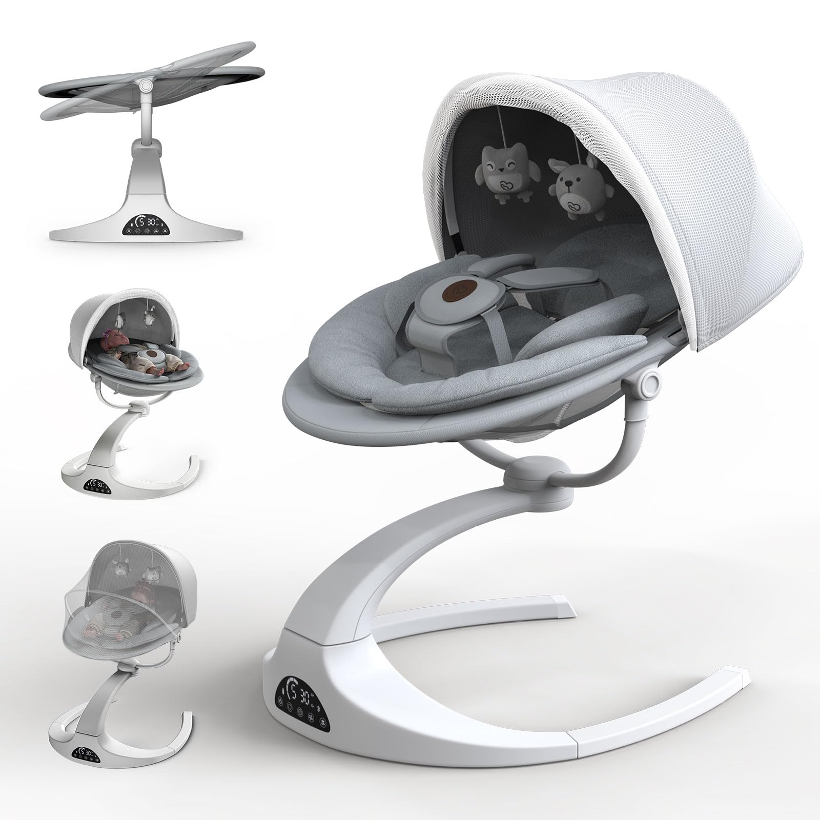 Obee Odee Baby Swing for Infants - 5 Speed Adjustable, 12 Soothing Lullabies, 360° Rotating Seat - Portable Infant Swing with Adapter & Battery Power (White Hoop Design) - Perfect for Nursery, Living Room & Outdoor Use